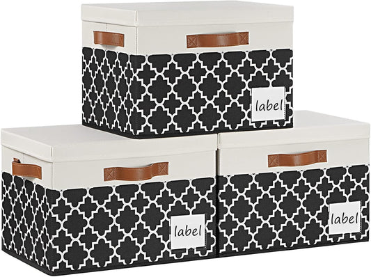 Large Storage Bins with Lids, Foldable Fabric Storage Baskets with Lids, Sturdy Storage Boxes with Labels and 3 PU Handles for Closet Home Bedroom Office (26L, 3 Packs, Black Plaid&White)