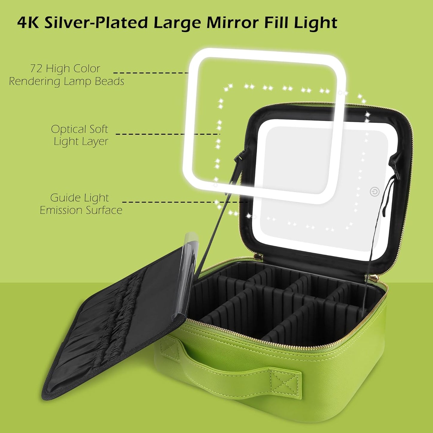 MOMIRA Travel Makeup Bag Cosmetic Bag Makeup Organizer Bag with Lighted Mirror, Adjustable Brightness in 3 Color Scenarios, Waterproof Makeup Train Case, Gift for Women - Grass Green