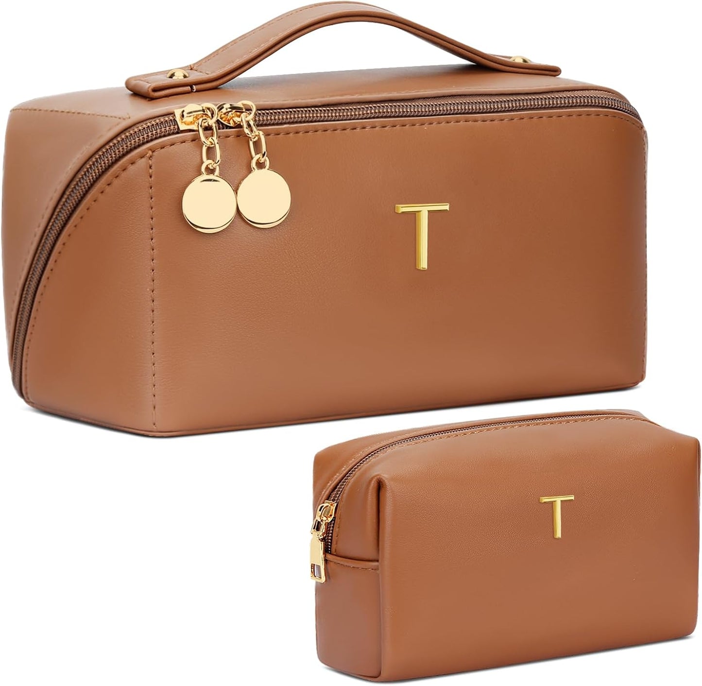 Birthday Gifts for Women Teen Girl, Personalized Initial Makeup Organizer Bag Set, Open Flat Travel Cosmetic Bag With Clear Divider and Handle(Brown,T)