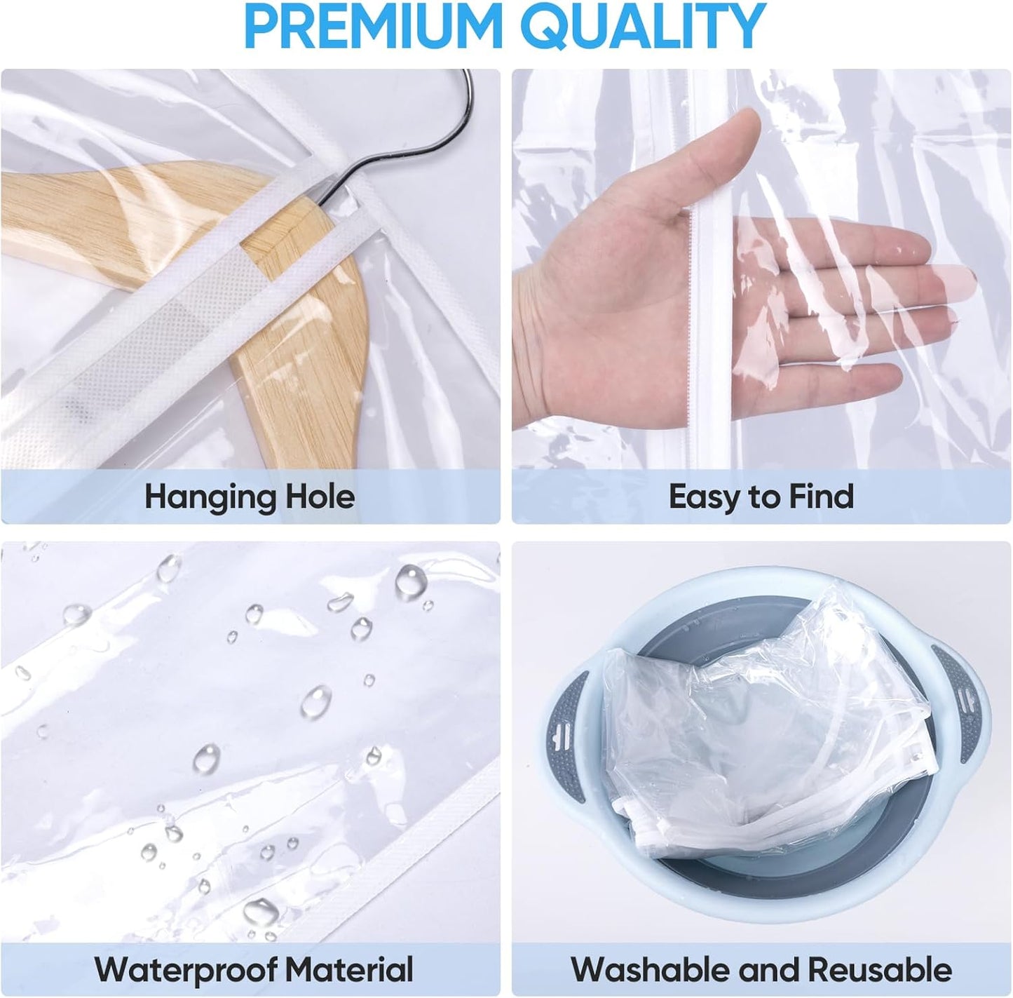 BALEINE 40'' Clear Garment Bags, 2 Packs PEVA Dress Bag for Closet Clothes Dresses Suit Coats Storage (Clear, 2PK)