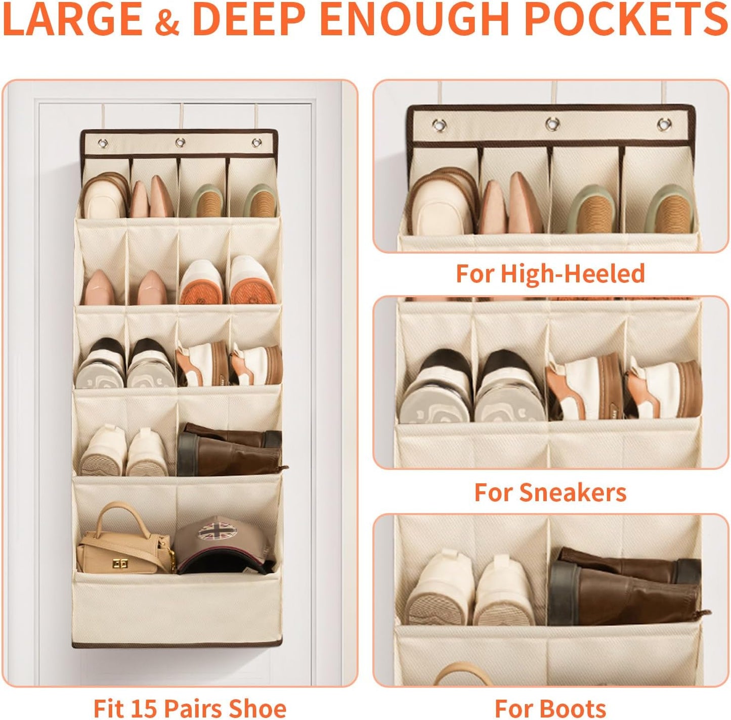 FENTEC 1 Pack Over the Door Shoe Organizers, Hanging Shoe Organizer with Large Deep Pocket Shoe Holder for Closet Shoe Rack for Wall, Over Door Shoe Storage Hold up to 18 Pairs Shoe, Beige