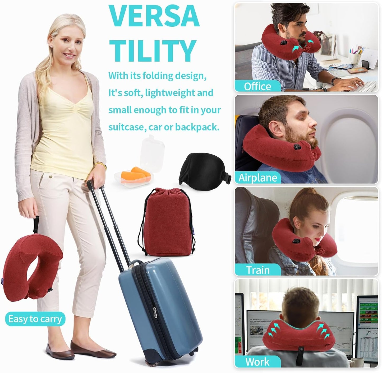 2 Pack Inflatable Travel Neck Pillows for Airplanes, Head Support Velvet Adult Neck Pillows for Long Flight, Kit with Eye Mask, Earplugs and Storage Bag, 2, Red