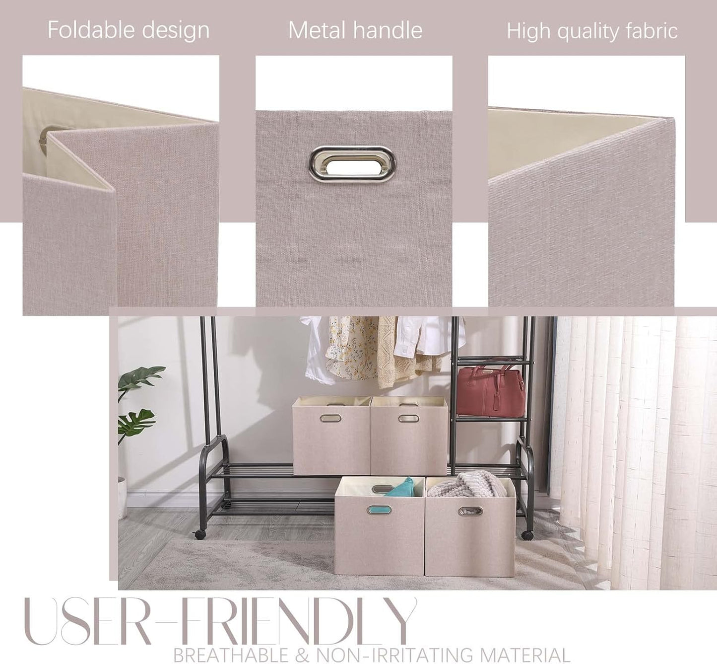 Cube Storage Bins 13×13 Linen Foldable Box with Handles, Collapsible Organization Basket Set of 4 Large Capacity Drawer for Closet Shelf Cabinet Bookcase Bedroom, Beige Sepia