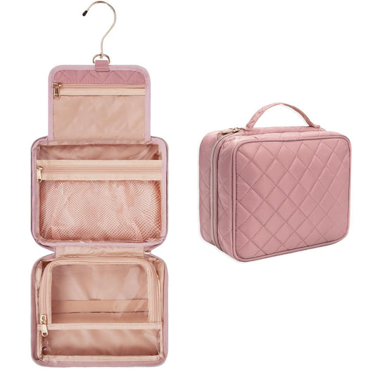 CUBETASTIC Travel Toiletry Bag, Makeup Bag for Women, Small Hanging Travel Bag for Toiletries with 3 Compartment, Portable Cosmetic Organizer Case, Water-resistant, Pink