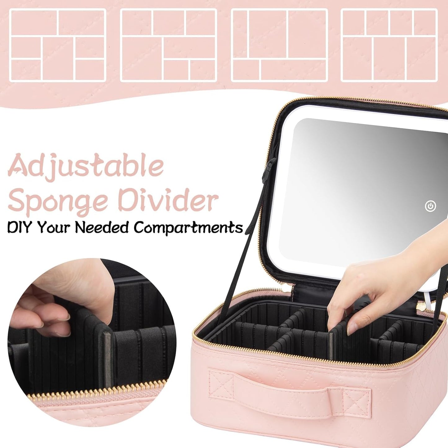 Makeup Travel Train Case with Mirror LED Light 3 Adjustable Brightness Cosmetic Bag Portable Storage Adjustable Partition Waterproof Makeup Brushes Makeup Jewelry Gift for Women (Pink checkered)