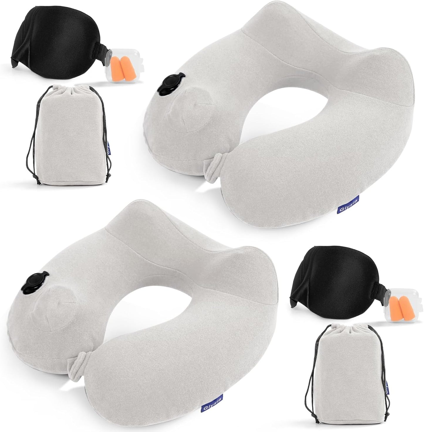 2 Pack Inflatable Travel Neck Pillows for Airplanes, Head Support Velvet Adult Neck Pillows for Long Flight, Kit with Eye Mask, Earplugs and Storage Bag, 2, Light Gray