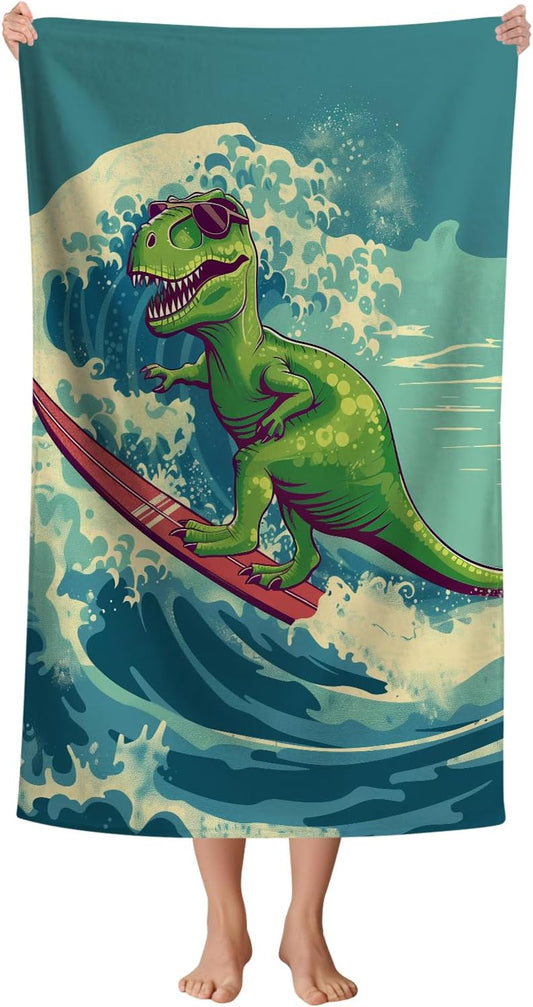 WZOMT Kids Dinosaur Beach Towel, Microfiber Dinosaurs Towels for Boys Toddler, Funny Green Dinosaur Surfing on Blue Wave Ocean Dino Bath Towel for Swim Pool Travel, Oversized 32x52 Inch