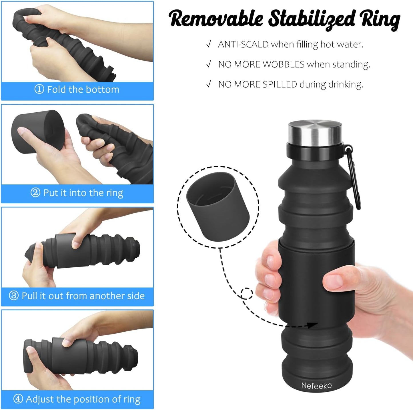 Nefeeko Collapsible Water Bottle, Reuseable BPA Free Silicone Foldable Water Bottles for Travel Gym Camping Hiking, Portable Leak Proof Sports Water Bottle with Carabiner