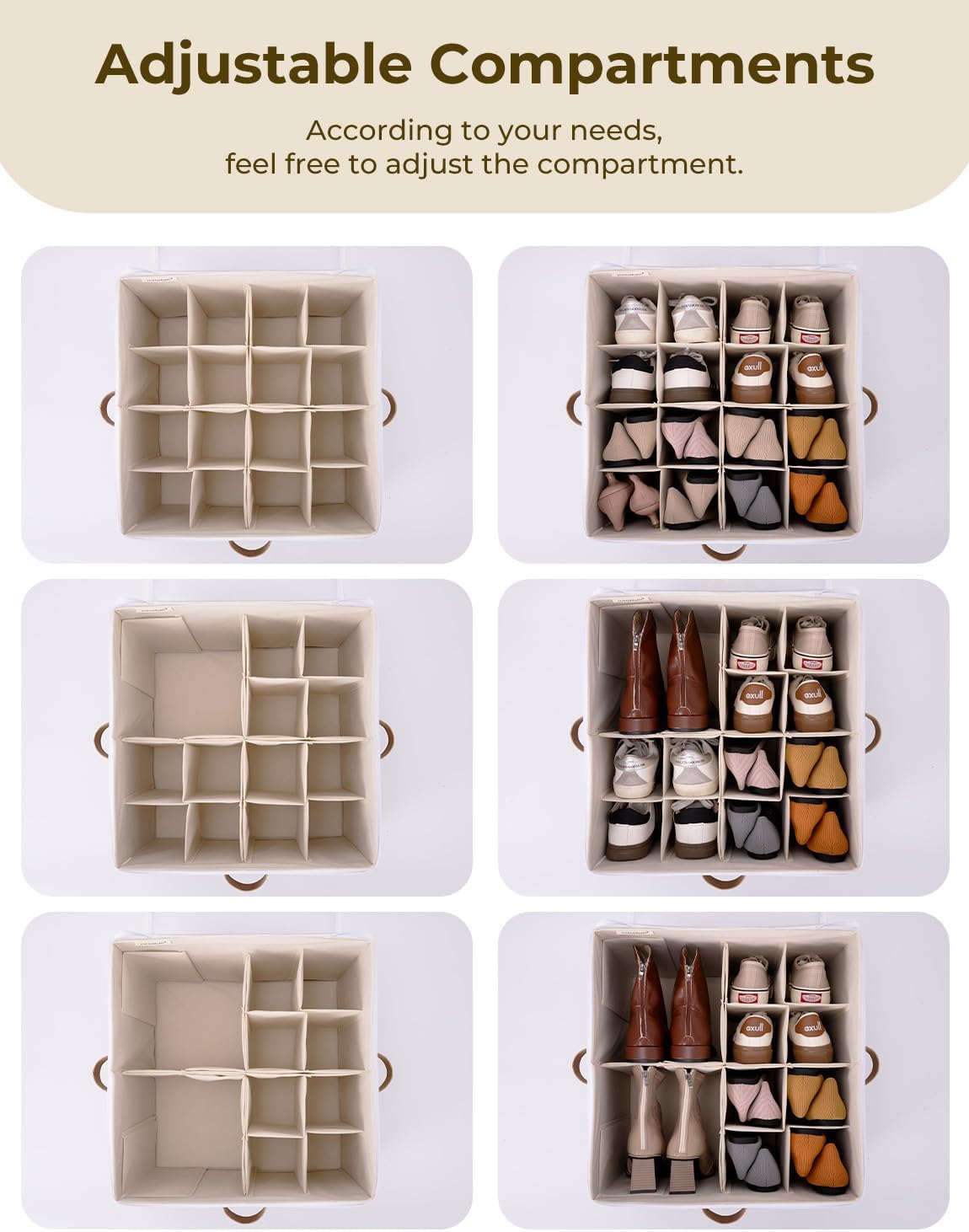 StorageWorks Shoe Organizer for Closet, Fits up to 16 Pairs, Shoe Cubby Storage Containers with Adjustable Dividers and Clear Cover, Brown & White