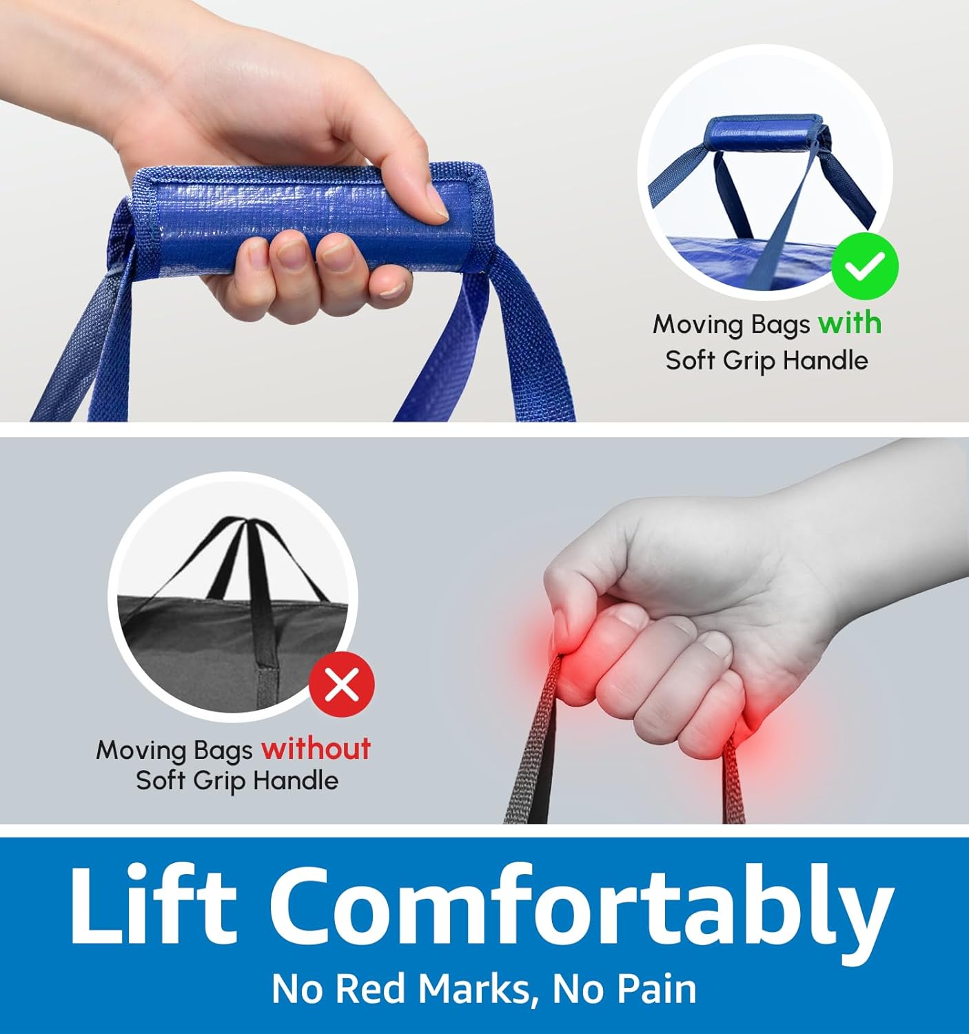 6 Pack Heavy Duty Moving Bags with Padded Wrap Around Handles-Strengthened Zipper Extra Large Storage Totes for Dorm College Clothes Blue