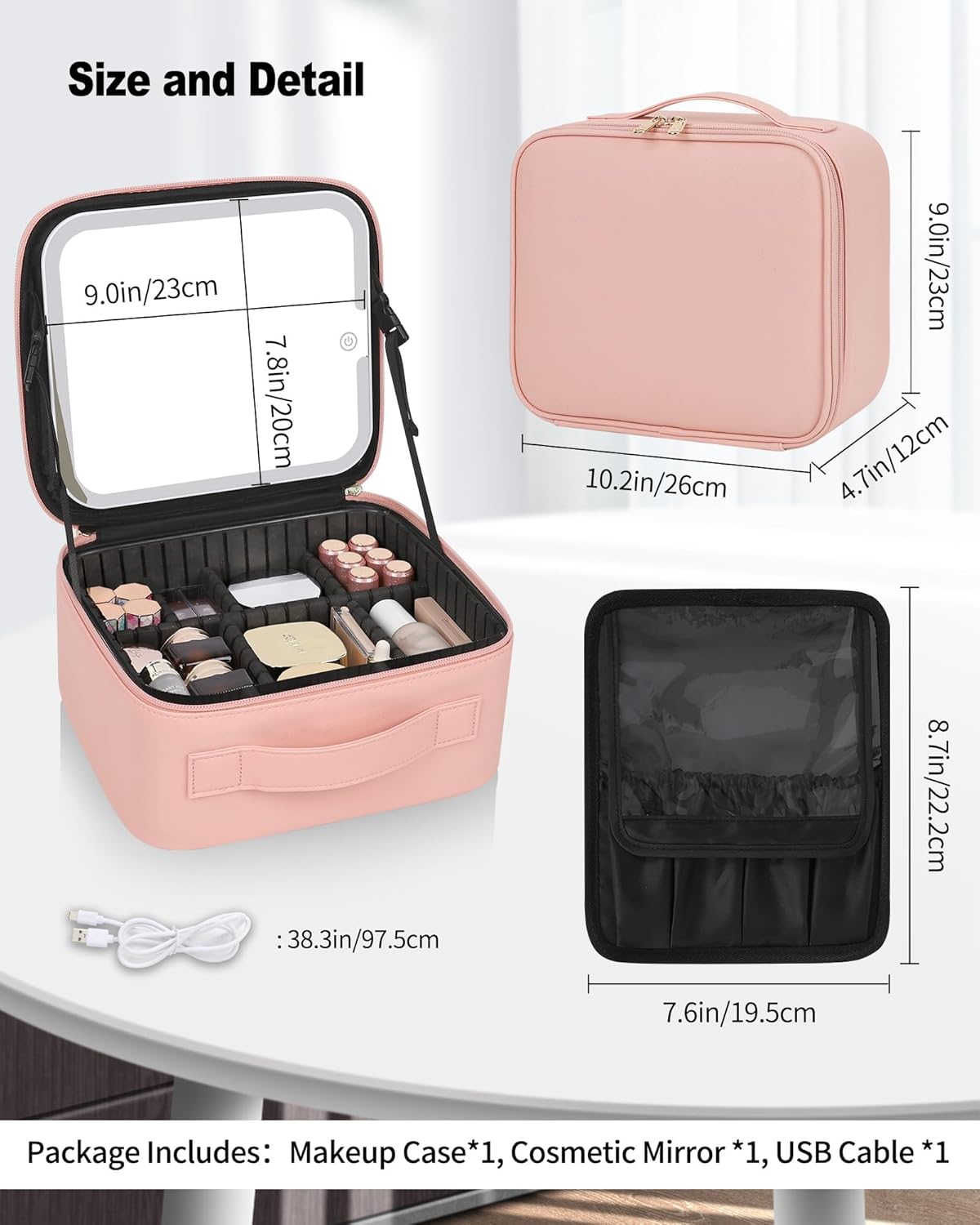 Makeup Bag With LED Mirror, Travel Makeup Case with Light up Mirror Large Cosmetic Case with 3 Color Lighted Portable Professional Organizer Bag with Adjustable Dividers（Pink）