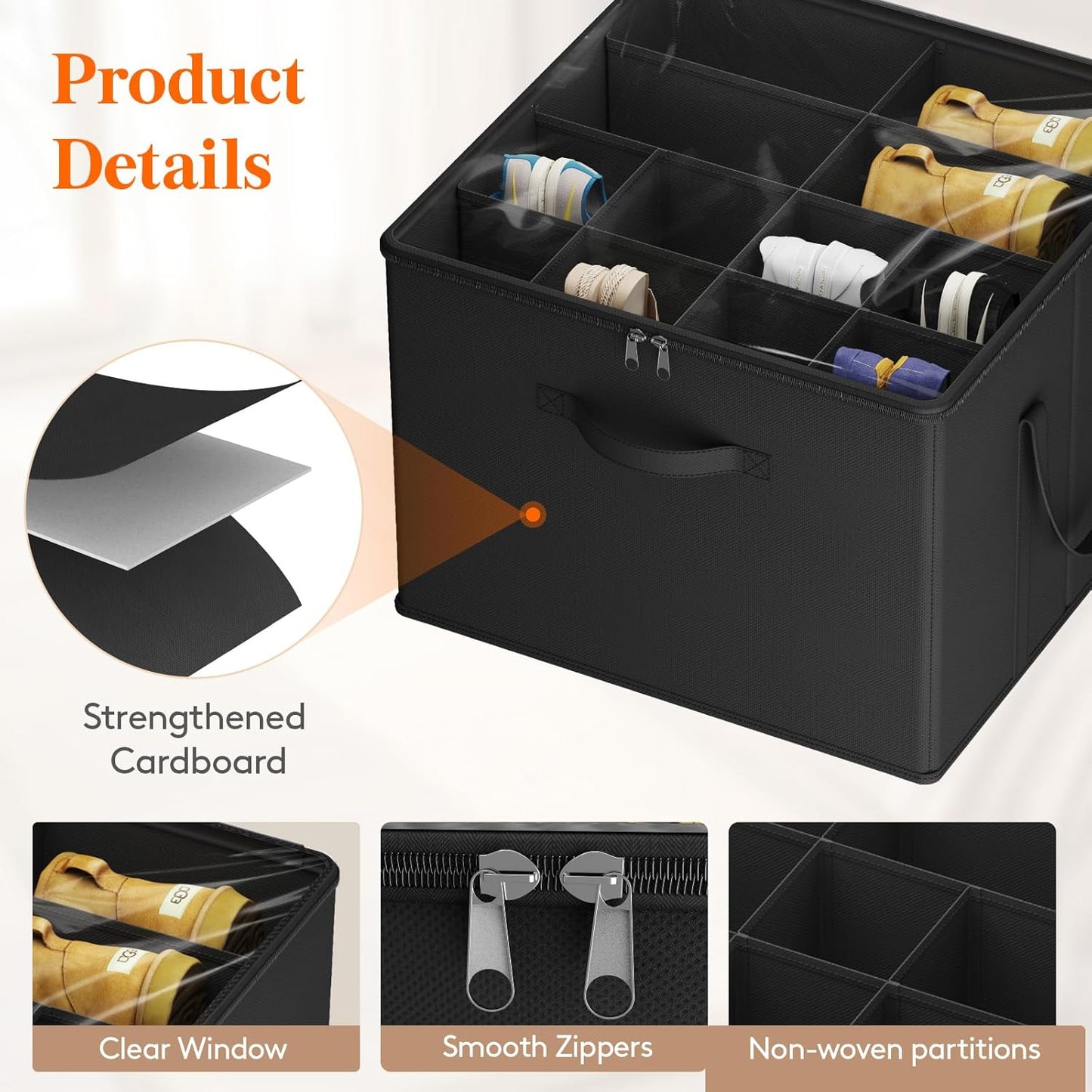 Lifewit Shoe Storage Organizer for Closet, Fits 12-16 Pairs, Large Shoe Box Storage Containers with Clear Cover and Reinforced Handles, Foldable Storage Bins Fit for Boots Heels Sneakers, 2 Pack Black