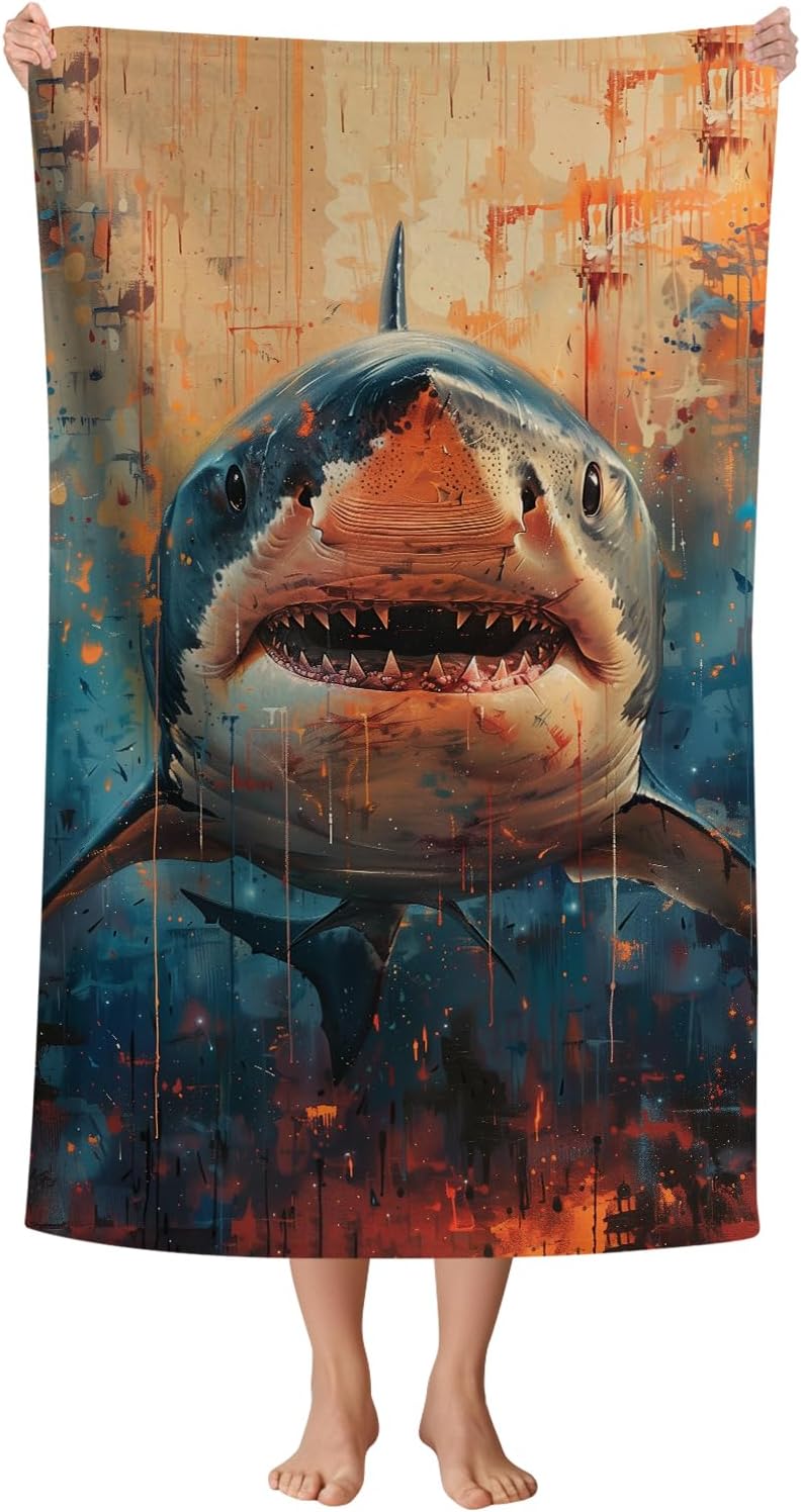 WZOMT Shark Beach Towel, Microfiber Shark Fishing Towel, Retro Ocean Fish Blue Orange Bath Towel for Kids Boys, Quick Dry Sand-Free Absorbent Towel for Pool Swim Travel, Oversized 32x52 Inch