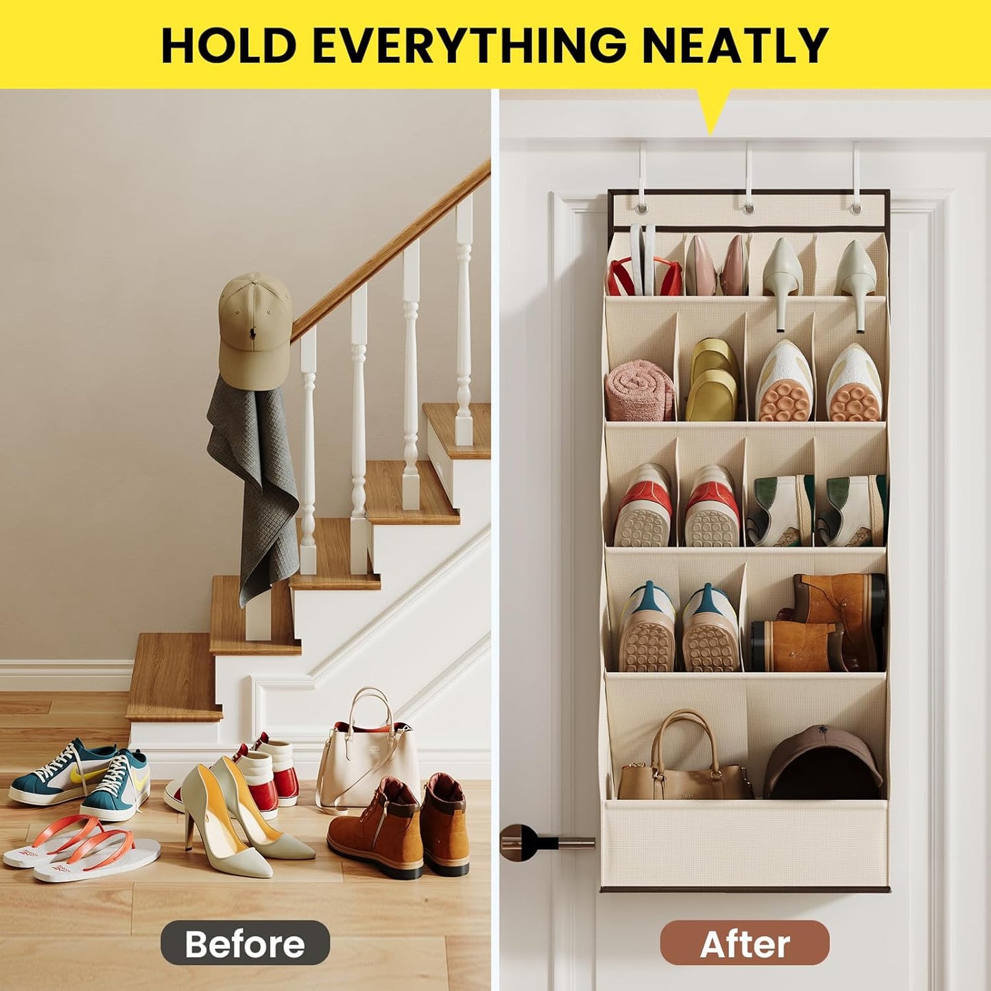 Over the Door Shoe Organizer for Closet, Shoes Rack for Closet with 15 Large Pockets, Hanging Shoe Organizers for Boot Storage, Behind the Door Narrow Shoe Holder for Small Shoes, Beige