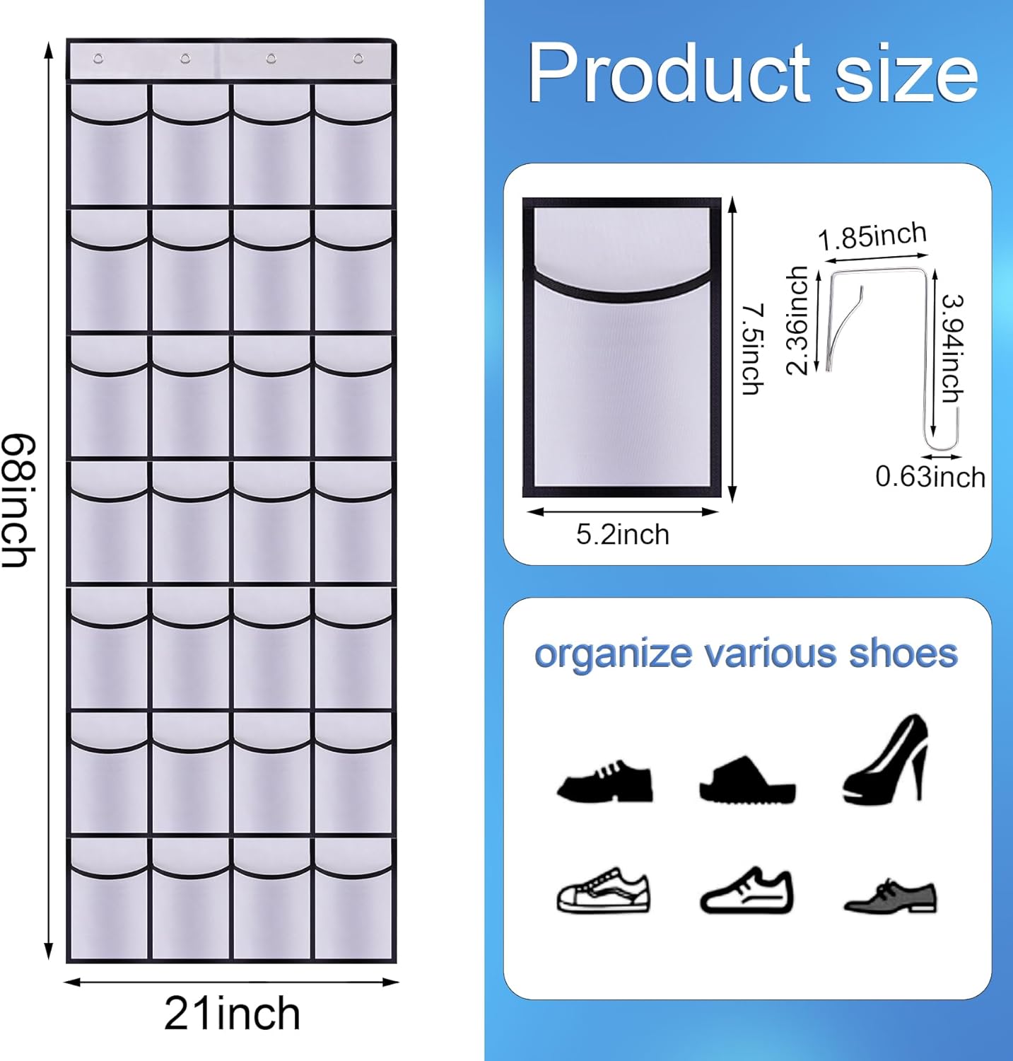 28 Mesh Pockets Hanging Shoe Organizer, Over the Door Shoe Organizer，Closet Storage Holder for Back of Door Storage Holder for Back of Door(White)