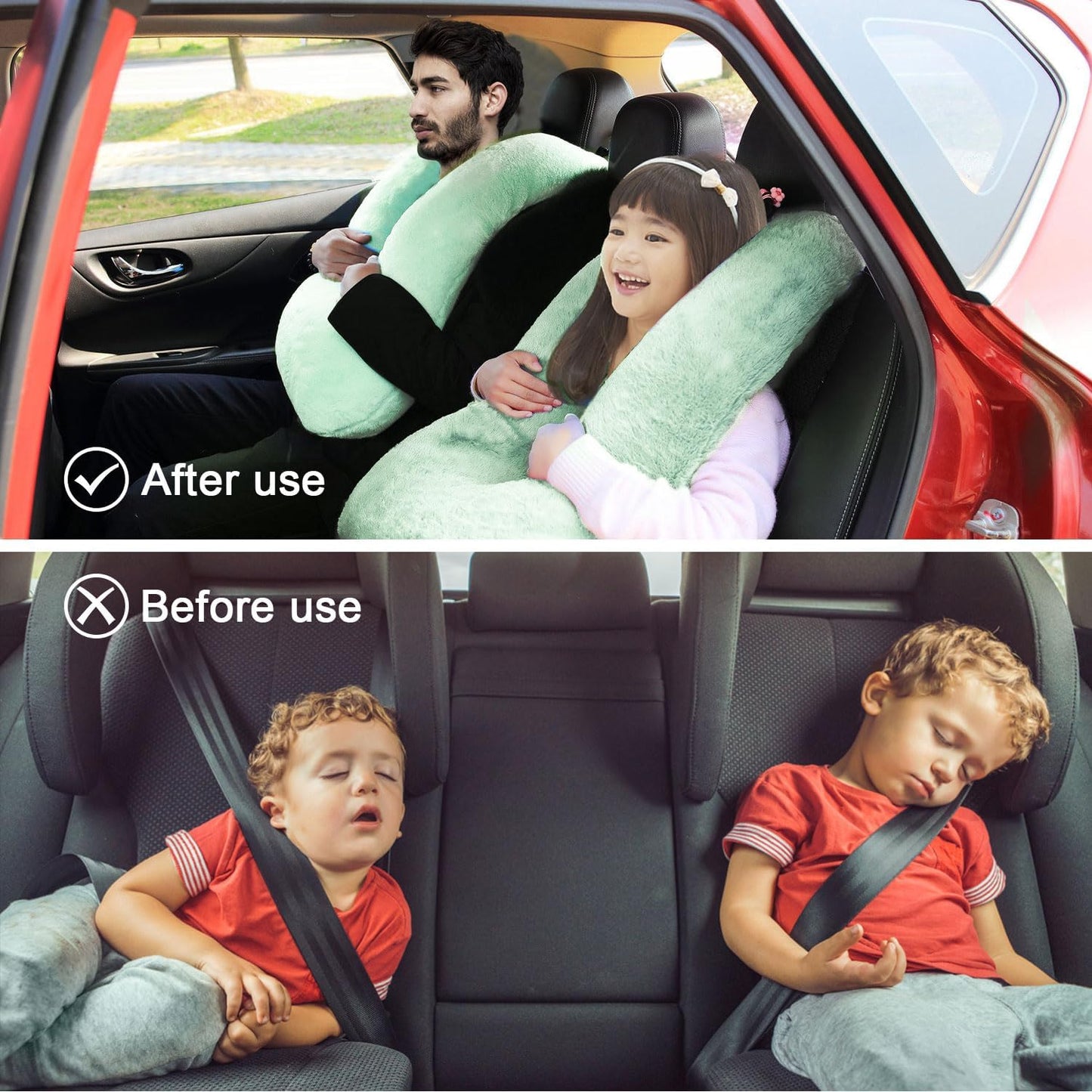 Travel Pillow, Travel Pillow for Kids, Sleeper Hold Pillow Travel, Removable U-Shaped Pillow for Adults and Children to Support Head and Body in The Back Seat of Long Car Trips (LightGreen)