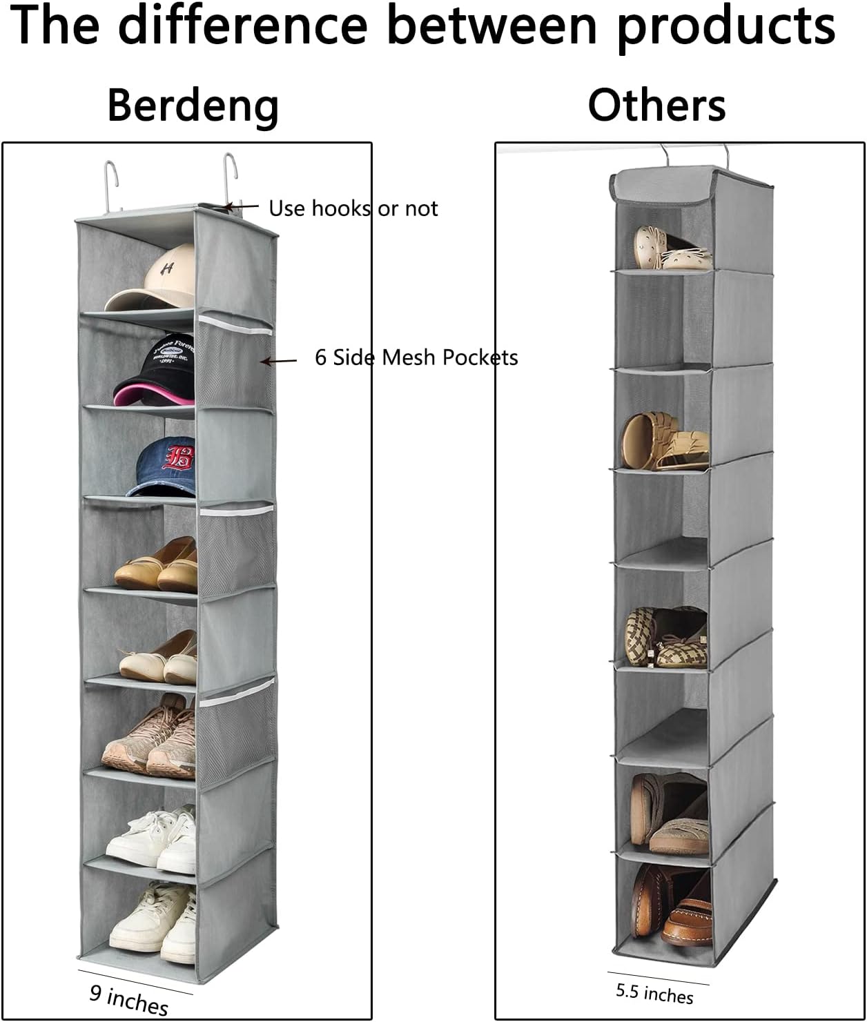 Hanging Shoe Organizer for Closet with Side Mesh Pockets，Hat Racks for Baseball Caps，Shoe and Hat Holder & Storage，8-Shelf，Gray，2 Pack