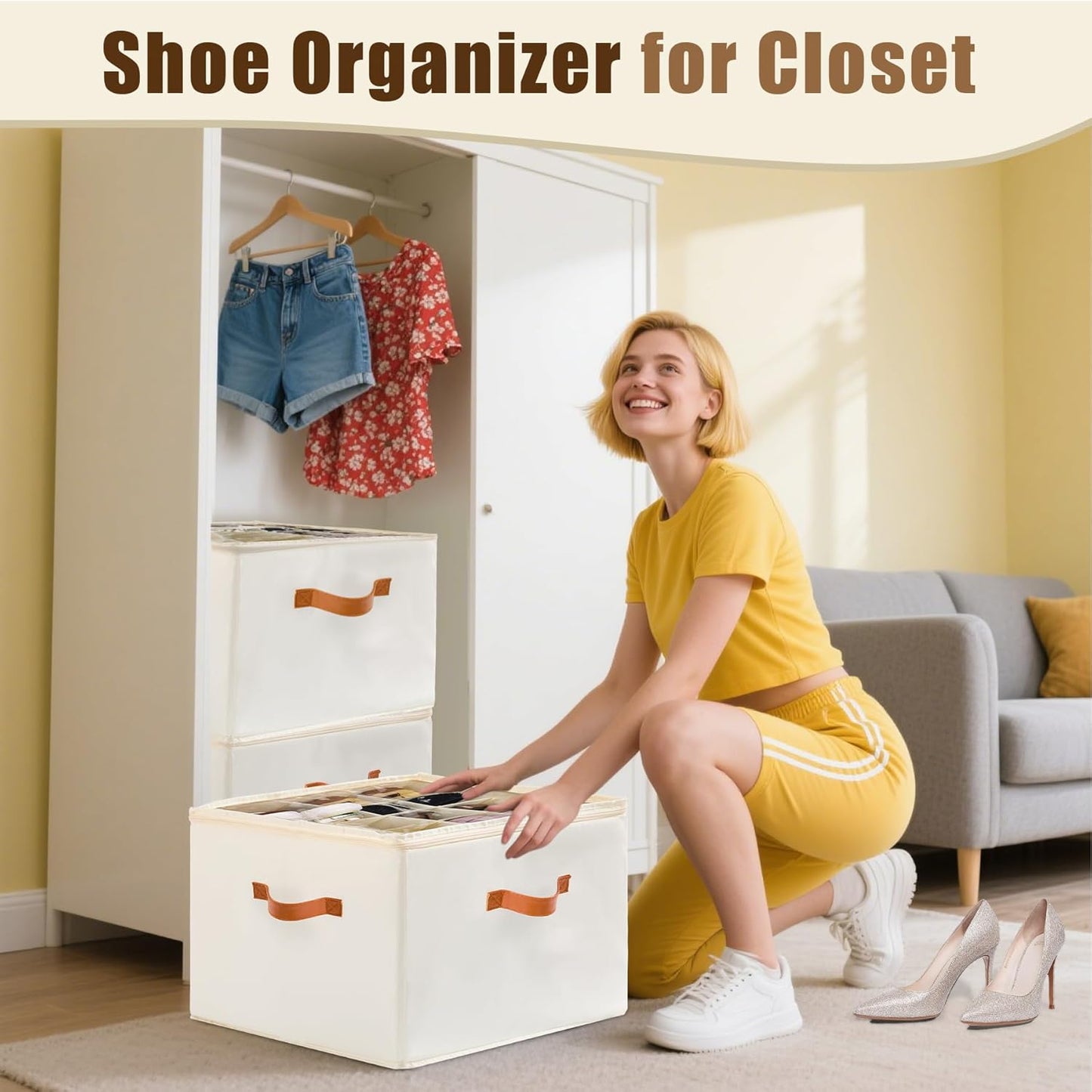 Shoe Organizer for Closet, Fits up to 16 Pairs Shoe Storage, Clear Foldable Shoe Containers Boxes Bins Baskets with Adjustable Dividers and Clear Cover White
