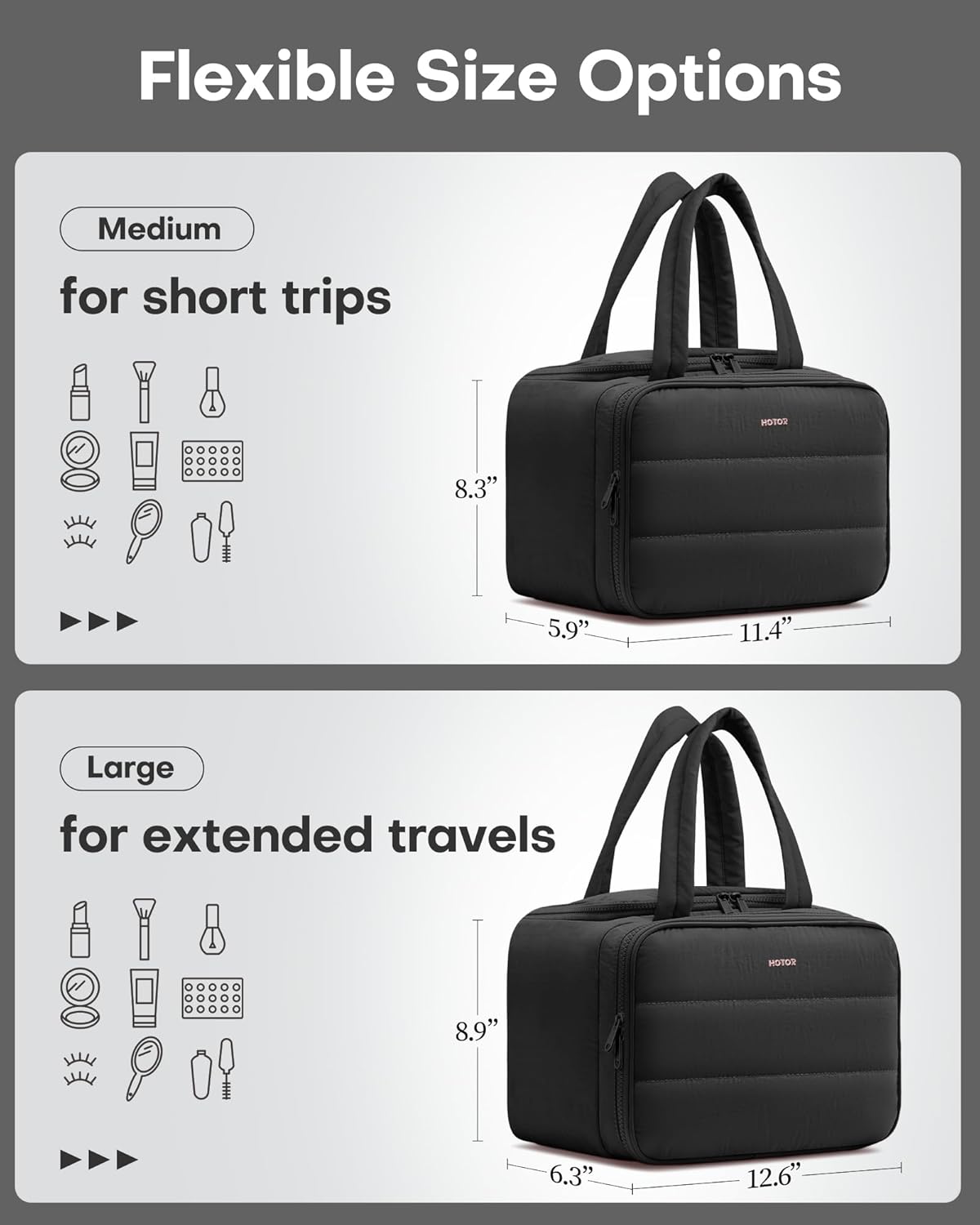 HOTOR Travel Toiletry Bag - Wide-Open Toiletry Bag for Women, Multi-Pocket Makeup Bag for Travel Essentials, Wet & Dry Separation Travel Accessories for Trip, Gym, 11.4" x 5.9" x 8.3", Black