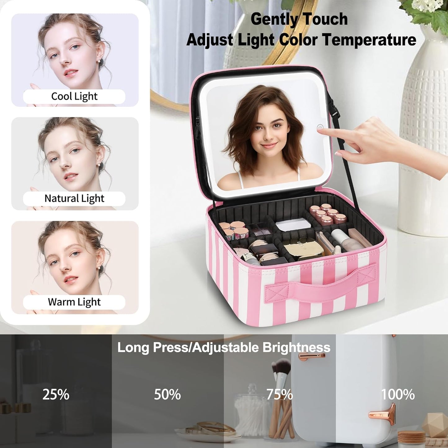 Makeup Bag With LED Mirror, Travel Makeup Case with Light up Mirror Large Cosmetic Case with 3 Color Lighted Portable Organizer Bag with Adjustable Dividers (Pink/White Stripes, Small)