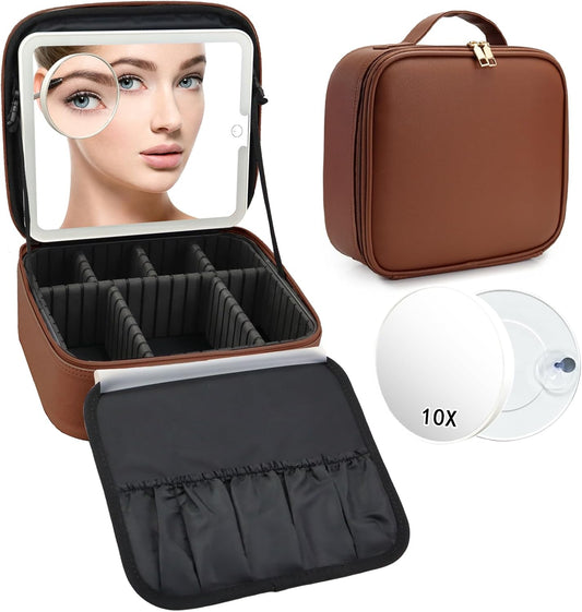 Travel Makeup Bag with LED Mirror and 10x magnifying glass with 3 Lighted Settings, Adjustable Dividers and Makeup Brush Storage Bag Dark Brown