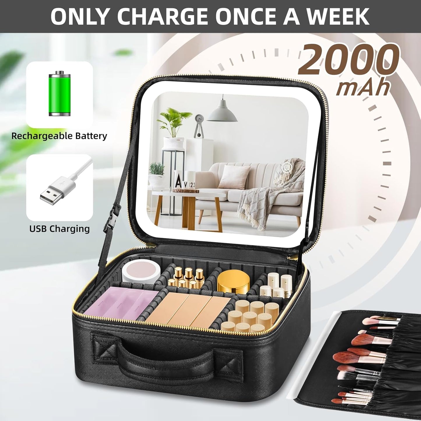 Lighted Travel Makeup Bag - 3 Colors, Mirror, 2-Layer Organizer with 10X Magnifying Mirror - Portable Cosmetic Case with Adjustable Dividers (Black)