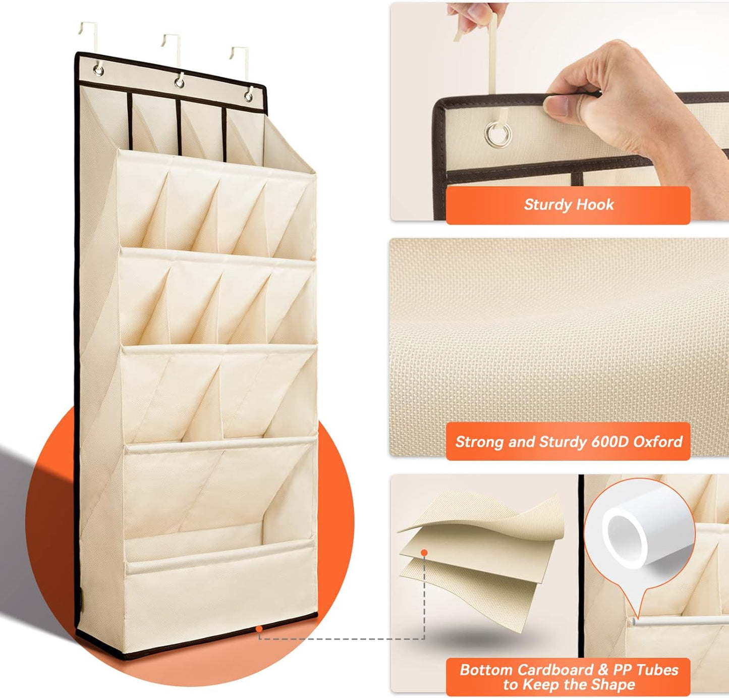 FENTEC 1 Pack Over the Door Shoe Organizers, Hanging Shoe Organizer with Large Deep Pocket Shoe Holder for Closet Shoe Rack for Wall, Over Door Shoe Storage Hold up to 18 Pairs Shoe, Beige