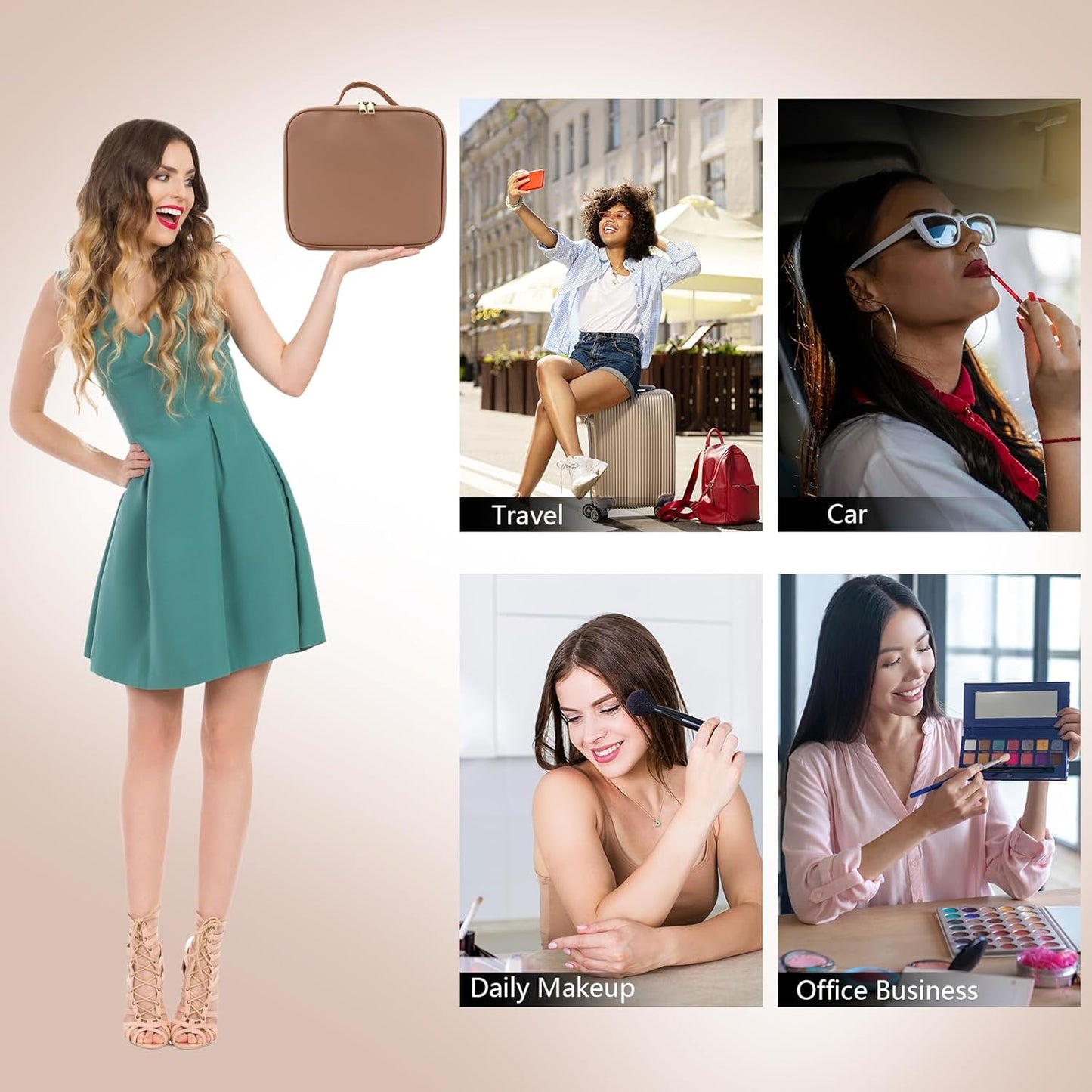 Travel Makeup Bag with LED Mirror Travel Makeup Organizer with 3 Lighted Settings, Adjustable Dividers and Makeup Brush Storage Bag Khaki