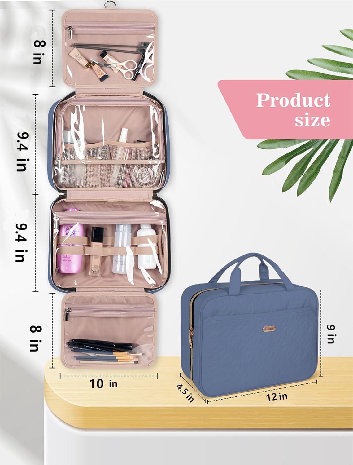 Blue Toiletry Bag, Makeup Organizer, Travel Bag For Women Mens Toiletries, Waterproof with Hanging Hook, Large Capacity