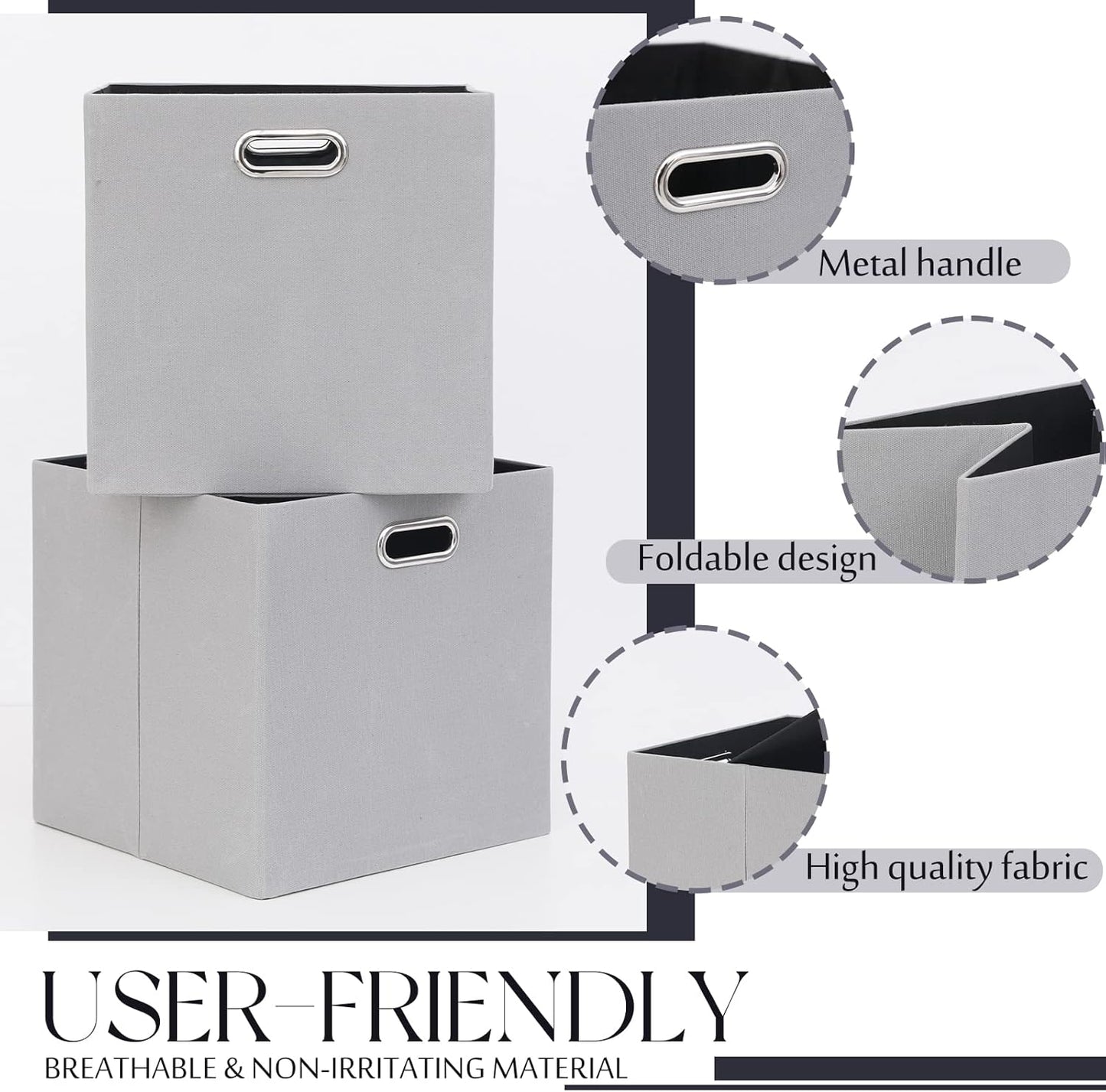 Cube Storage Bins 13×13 Polyester Foldable Box with Handles, Collapsible Organization Basket Set of 4 Large Capacity Drawer for Closet Shelf Cabinet Bookcase Bedroom, Light Gray