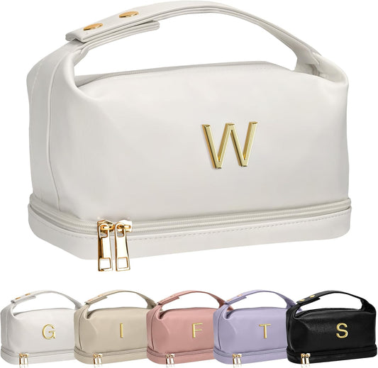 Letter Makeup Bags, Personalized Bags with Handle, Waterproof Double Layer Cosmetic Bag, Large Capacity PU Leather Makeup Bags Letter Travel Toiletry Bag with Makeup Brush Organizer