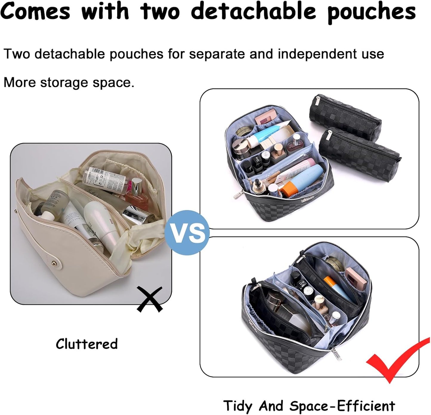 BOYATU Travel Makeup Bag Organizer Cosmetic Bag: 3 Pcs Set Make up Bags for Women with Handle - Waterproof Vegan Leather Toiletry Bags with Comparments (01-Black)