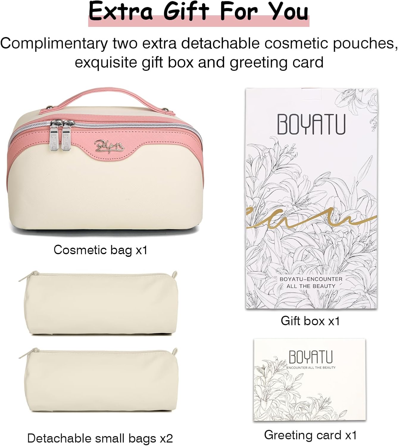 BOYATU Travel Makeup Bag Organizer Cosmetic Bag: 3 Pcs Set Make up Bags for Women with Handle - Waterproof Vegan Leather Toiletry Bags with Comparments (D-02-White)