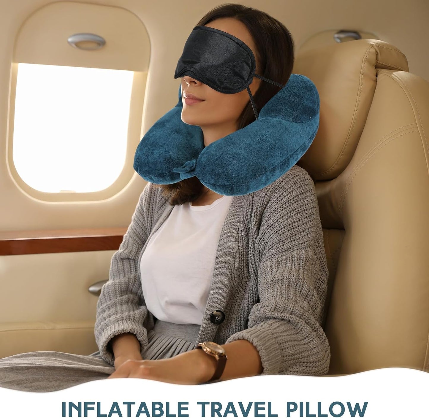 Sintuff 2 Pack Inflatable Travel Pillow for Airplanes Inflatable Neck Flight Pillows with Compact Bag and Blindfold for Traveling, Airplane, Train, Car, Office(Peacock Green and Black)