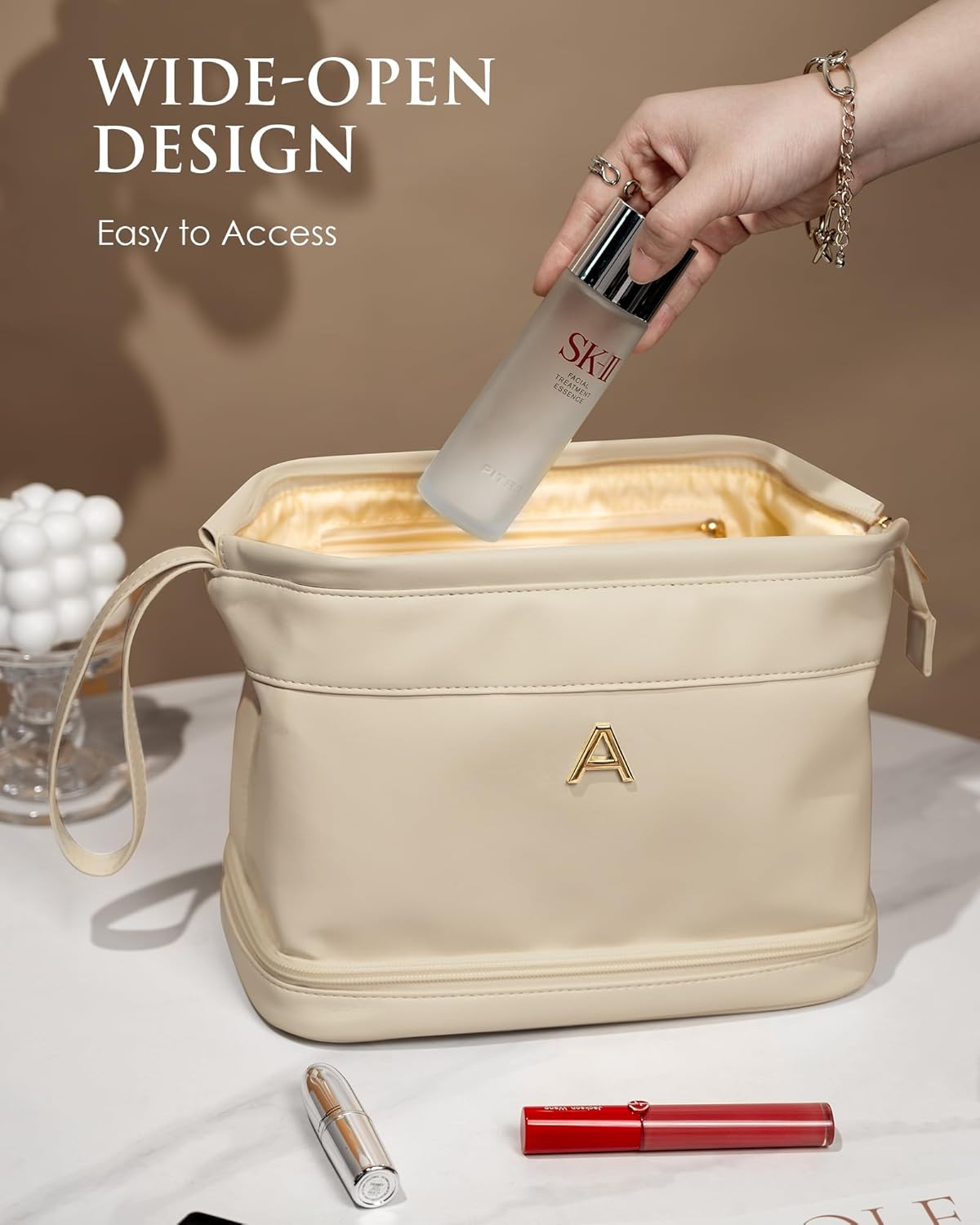 Bridesmaid Gift, Initial Makeup Bags, Personalized Double Layer Cosmetic Bag with Makeup Brush Organizer, Waterproof, Large Capacity PU Leather Travel Toiletry Bag