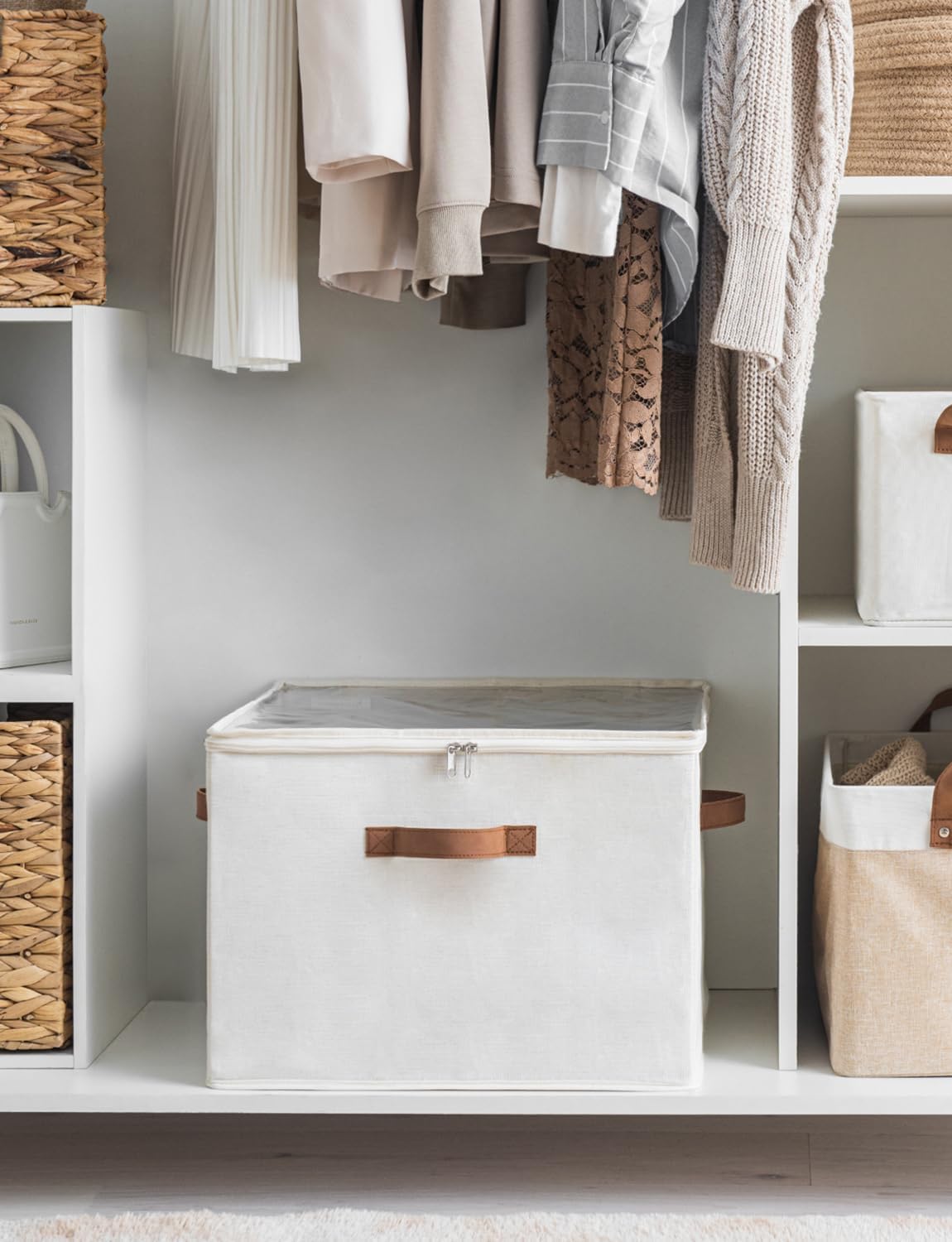 StorageWorks Shoe Organizer for Closet, Fits up to 16 Pairs, Shoe Cubby Storage Containers with Adjustable Dividers and Clear Cover, Beige