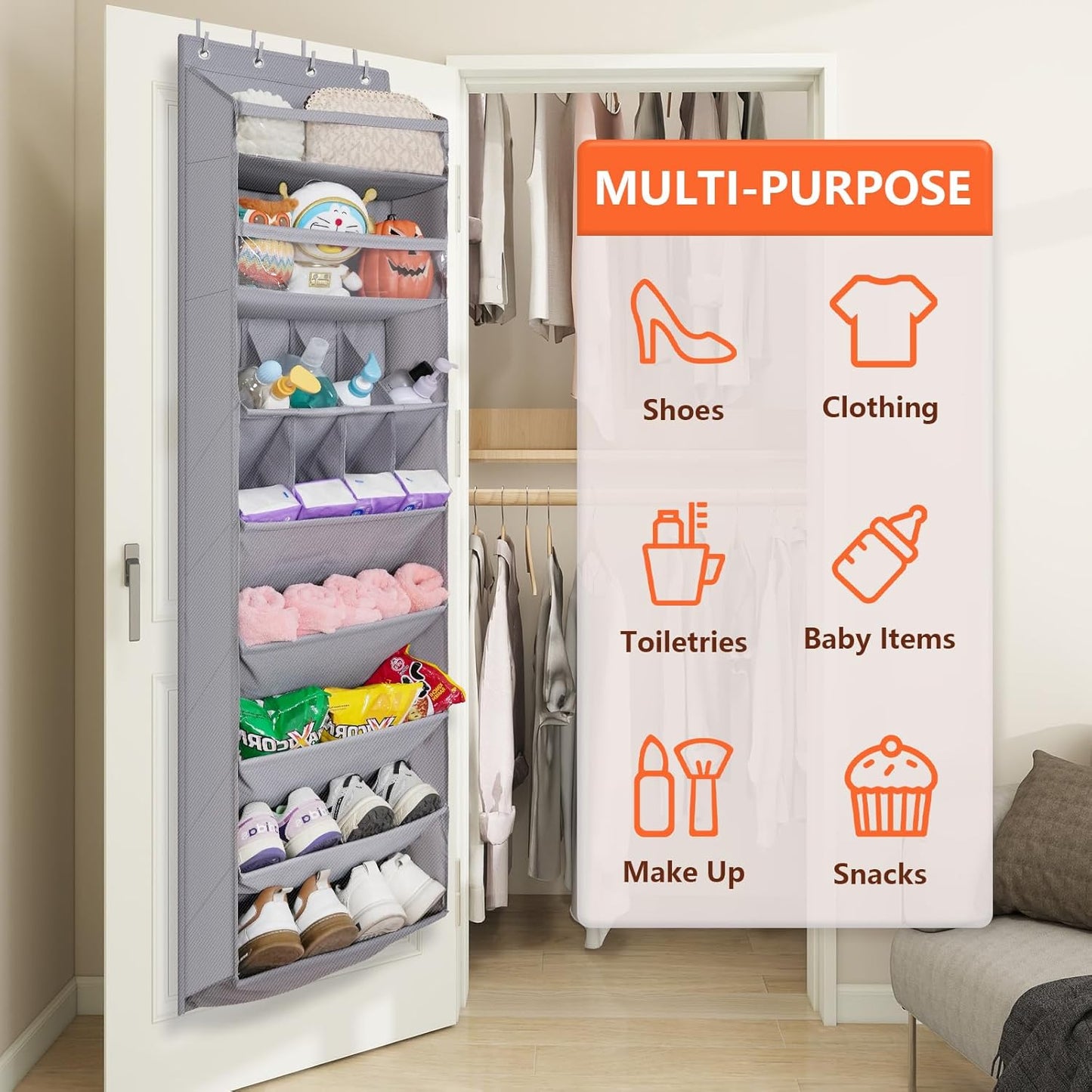 FENTEC 1 Pack Over The Door Shoe Organizer,68" Exlarge Deep Pockets Hanging Shoe Organizers, 8 Shelves Shoe Rack for Closet, Shoe Holder for Boots,Over Door Organizer in Home, RV, Dorm, Grey