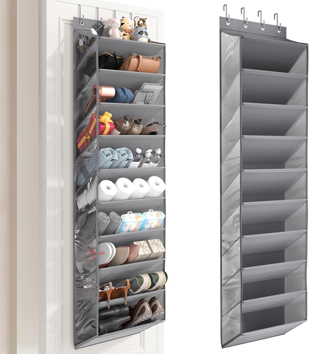 Over the Door Shoe Organizer for Closet, Shoes Rack with 10 Tier PVC Window Deep Pockets, Hanging Shoe Organizers for Boot Storage, Behind the Door Narrow Shoe Holder for Small Shoes, Grey