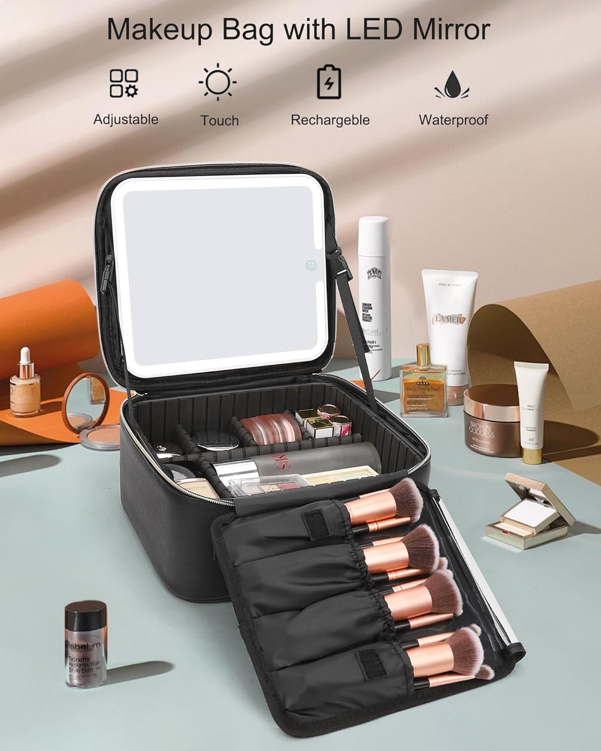 Relavel Makeup Bag with Light Up Mirror, Makeup Case Travel Cosmetic Bags Brush Organizer Storage Box, Rechargeable Vanity Mirror with 3 Color Lights, High Frame Mirror Protection (Black)