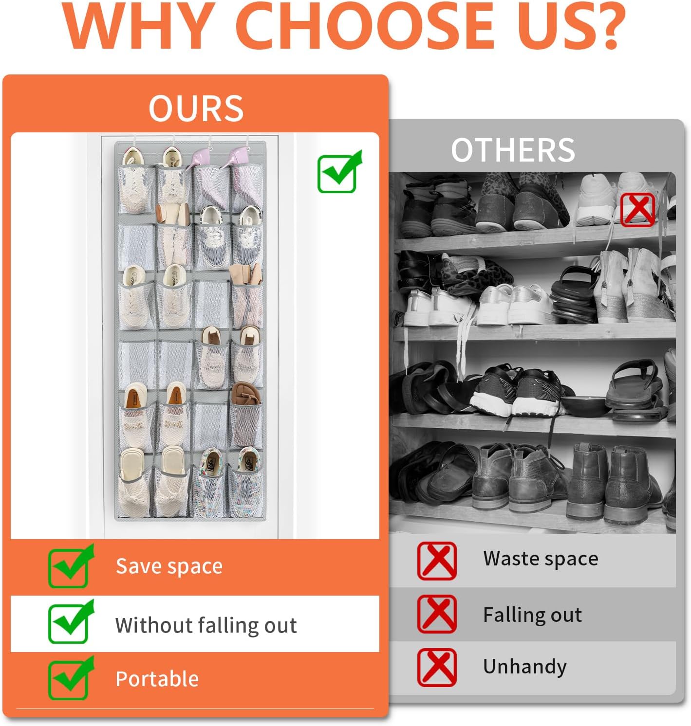 FENTEC 24 Pockets Over the Door Shoe Organizer Hanging Shoe Organizer for Closet, Space Saving Mesh Large Pocket Shoe Storage and Organizer, Shoe Holder for Apartments Garages, Grey 1 Pack