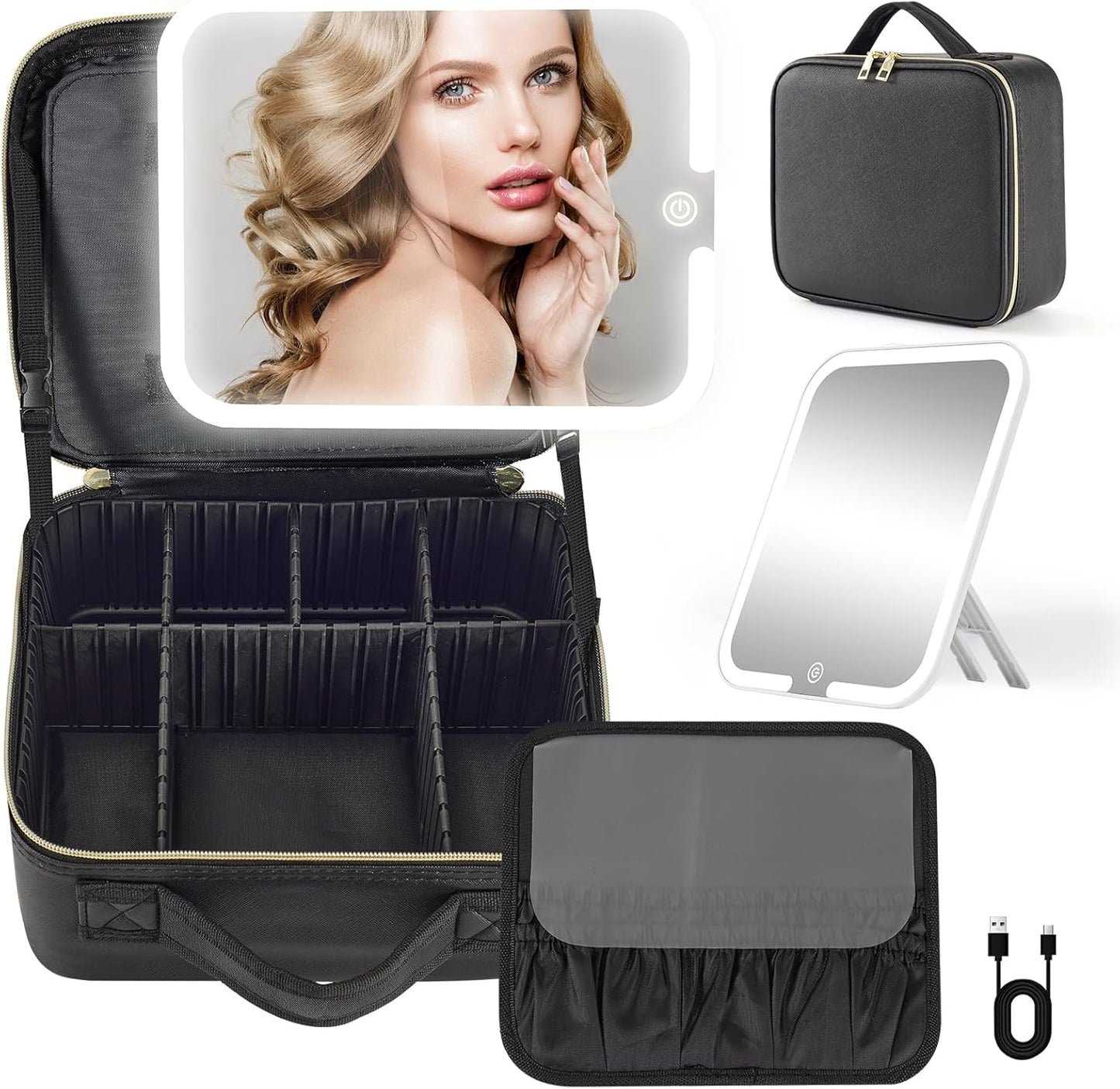 Makeup Bag with Removable Lighted Mirror, Travel Make up Bag with Lights Portable Makeup Case Organizer with Mirror 360° Adjustable Angle, Partitionable Cosmetic Bag Accessories Makeup Train Case Gift