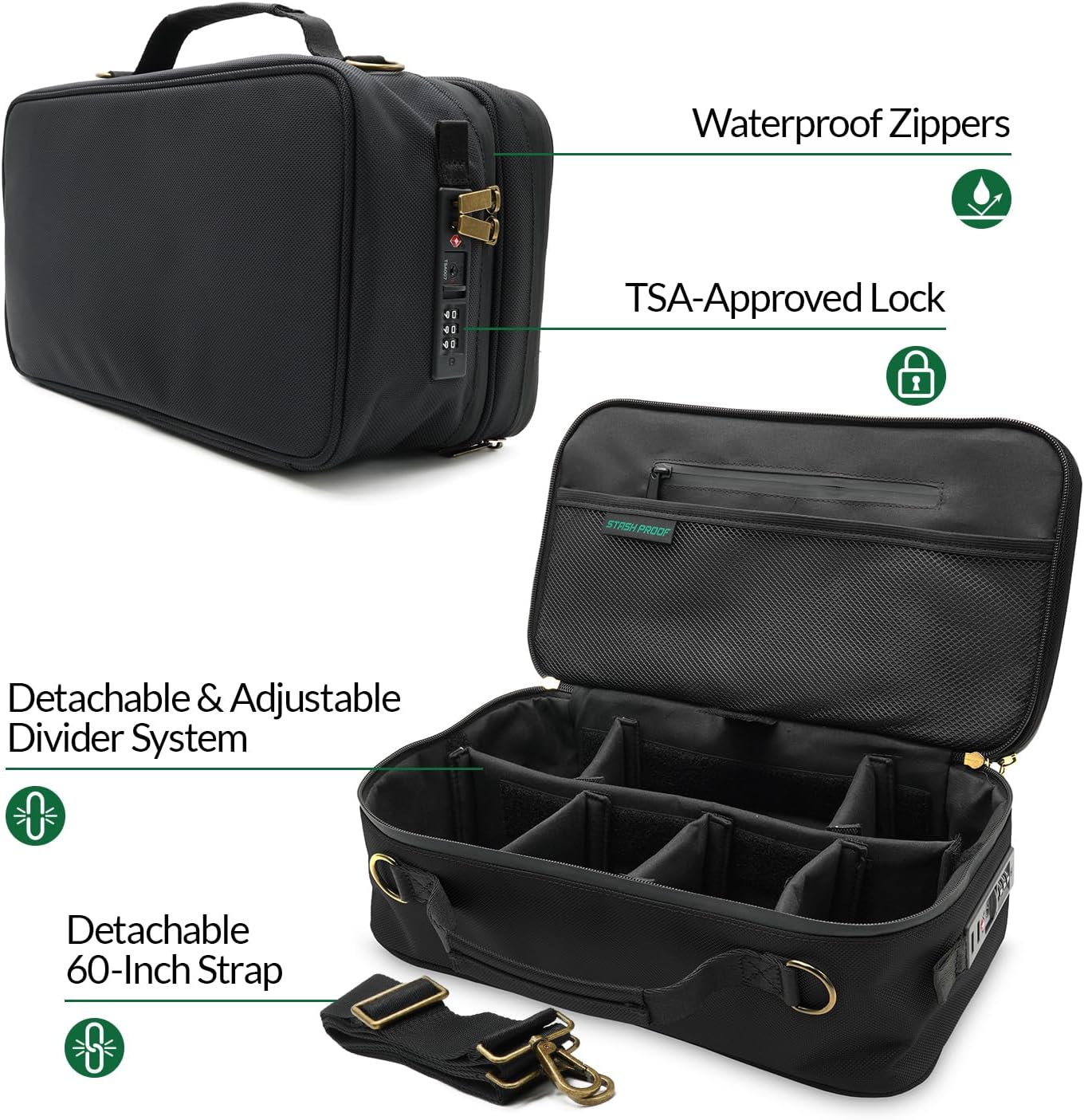 Large Storage Case with TSA Combination Lock Bag, Portable Carbon Lined, XL Medicine Lockable Box for Travel & Home Secured Box Organizer Divider Jars Accessories, Removable Tray (Black)