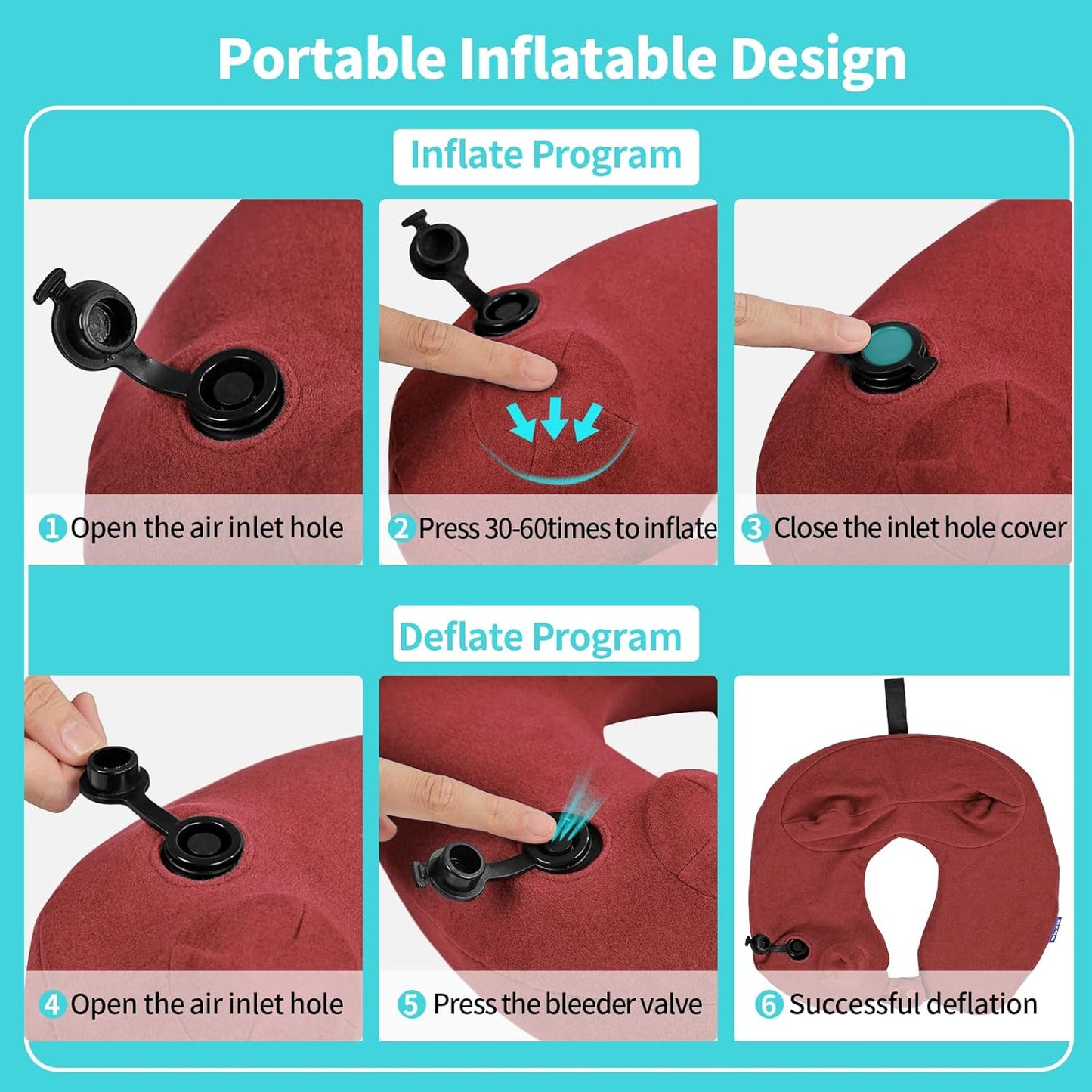 2 Pack Inflatable Travel Neck Pillows for Airplanes, Head Support Velvet Adult Neck Pillows for Long Flight, Kit with Eye Mask, Earplugs and Storage Bag, 2, Red