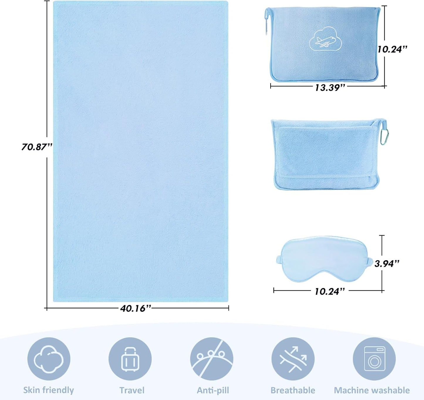 Travel Blanket, Ultra-Soft, Warm & Lightweight Travel Blanket Airplane with Bag, 65x40 in, Airplane Travel Essentials for Women, Men & Kids, Included Eye Mask, Luggage Sleeve & Backpack Clip
