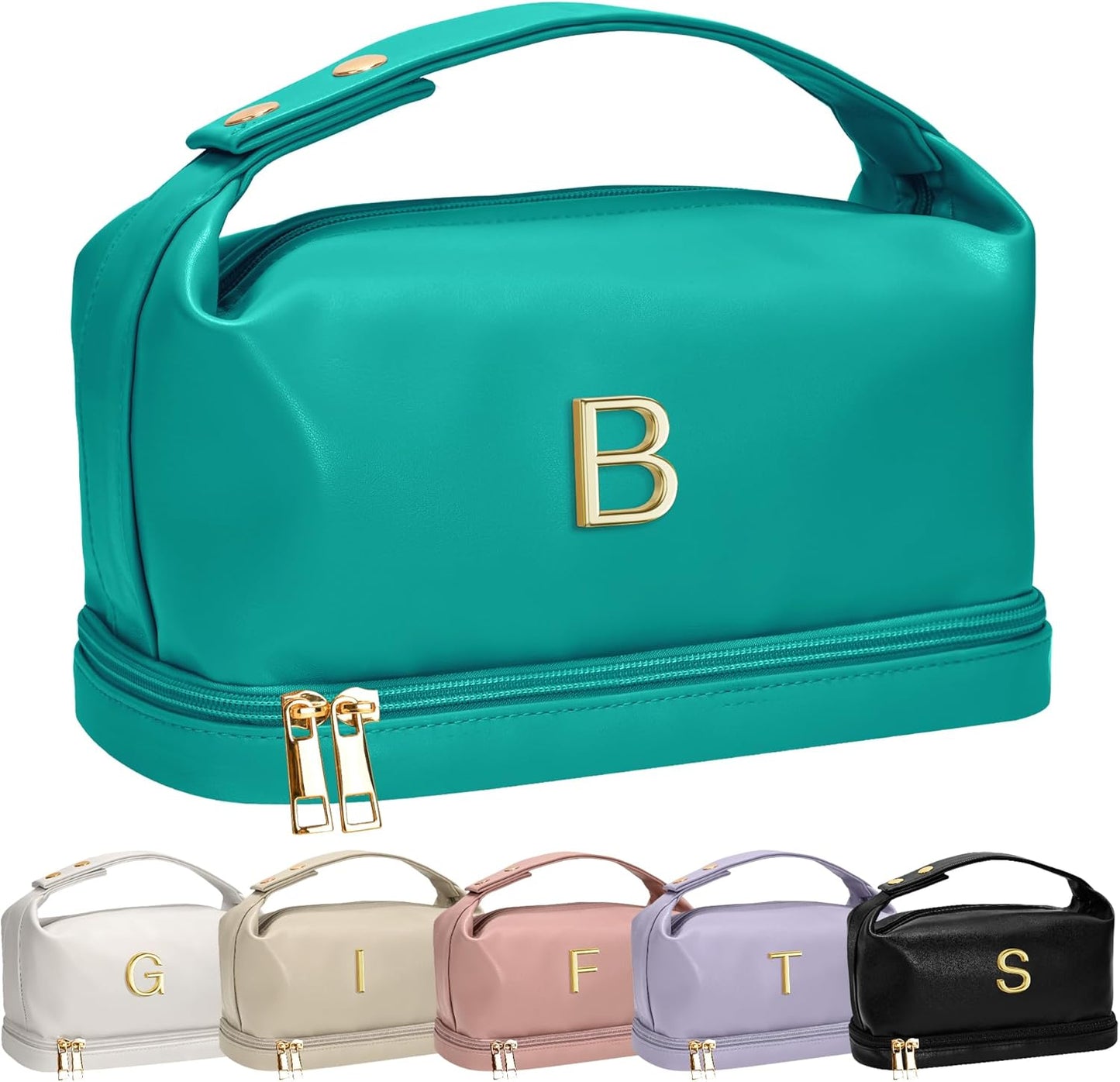 Gifts for 14 15 16 17 18 19 Year Old Girls, Makeup Bags with Handle, Initial Double Layer Cosmetic Bag with Makeup Brush Organizer, Cute Cosmetic Pouch for Women, Gift for Friends Female Mom