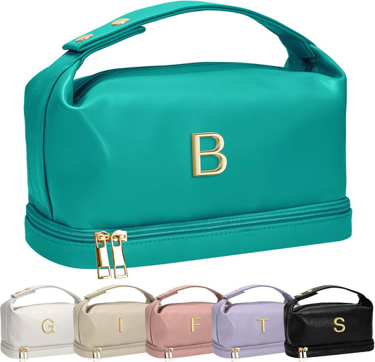 Gifts for 14 15 16 17 18 19 Year Old Girls, Makeup Bags with Handle, Initial Double Layer Cosmetic Bag with Makeup Brush Organizer, Cute Cosmetic Pouch for Women, Gift for Friends Female Mom