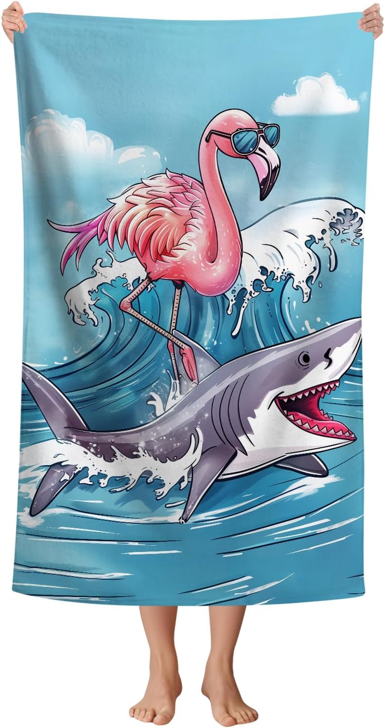 WZOMT Microfiber Flamingo Beach Towel Oversized, Funny Flamingo Riding A Shark Surfing Bath Towels for Kids Adults, Quick Dry Hot Pink Blue Ocean Flamingo Shark Swim Pool Towel 32x52 Inch