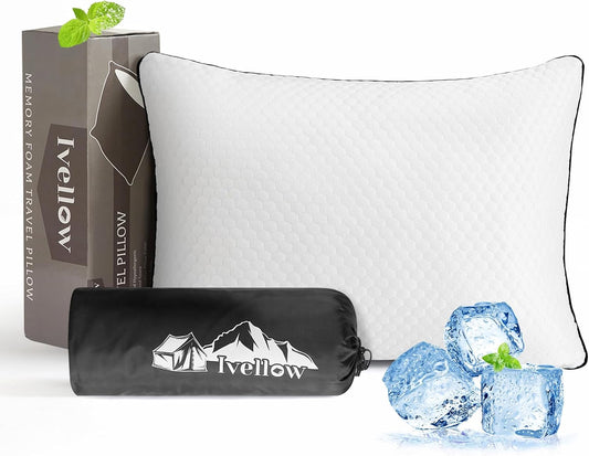 Ivellow Travel Pillow Cooling Camping Pillow for Sleeping Compressible Shredded Memory Foam Pillow Compact Firm Supportive Pillow for Adults Kids Outdoor Backpacking Hiking Essential Gear White L