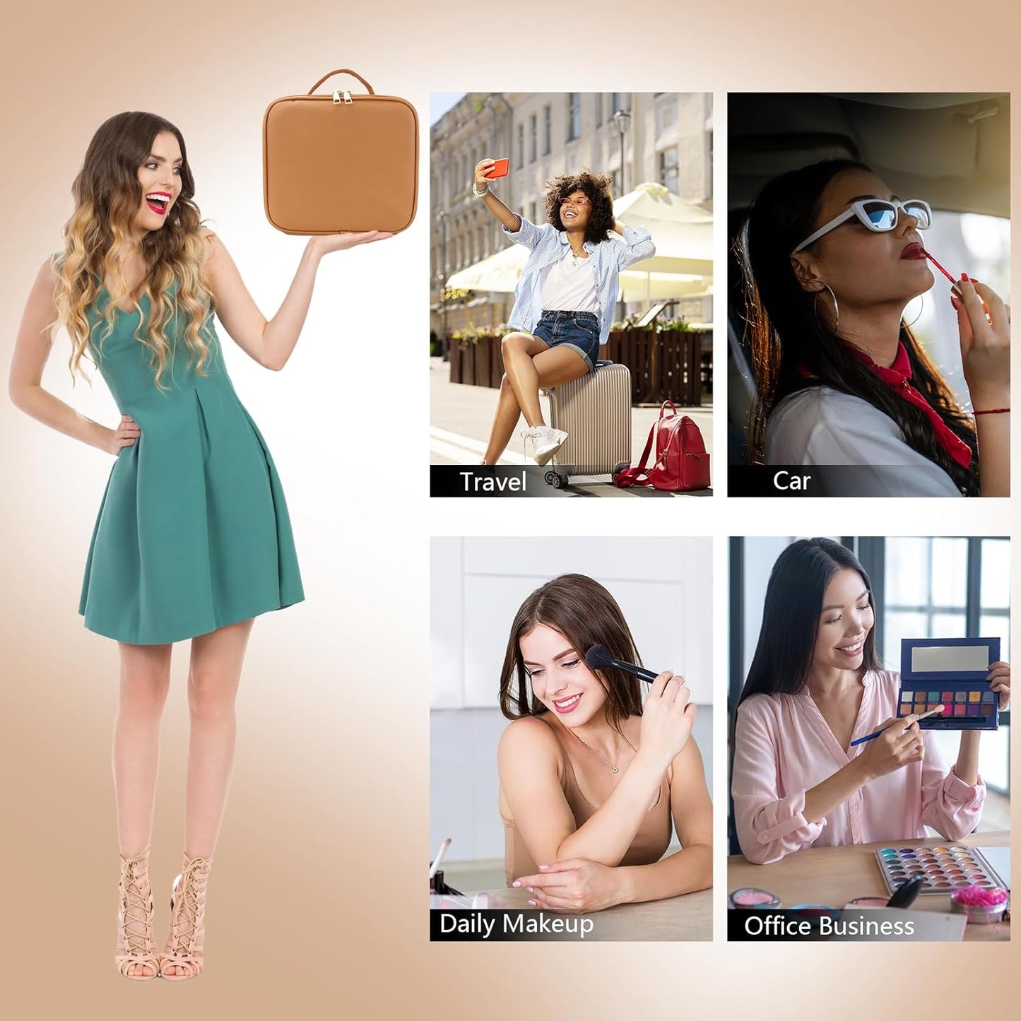 Travel Makeup Bag with LED Mirror Travel Makeup Organizer with 3 Lighted Settings, Adjustable Dividers and Makeup Brush Storage Bag Orange-Brown