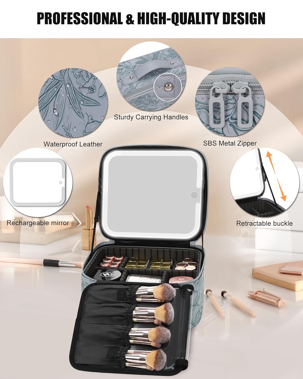 Relavel Travel Makeup Bag With LED Mirror for Women, Cosmetic Organizer Bag with Adjustable Brightness in 3 Color Scenarios, Detachable Dividers, Waterproof Train Case for Daily - Dark Blue FLowers